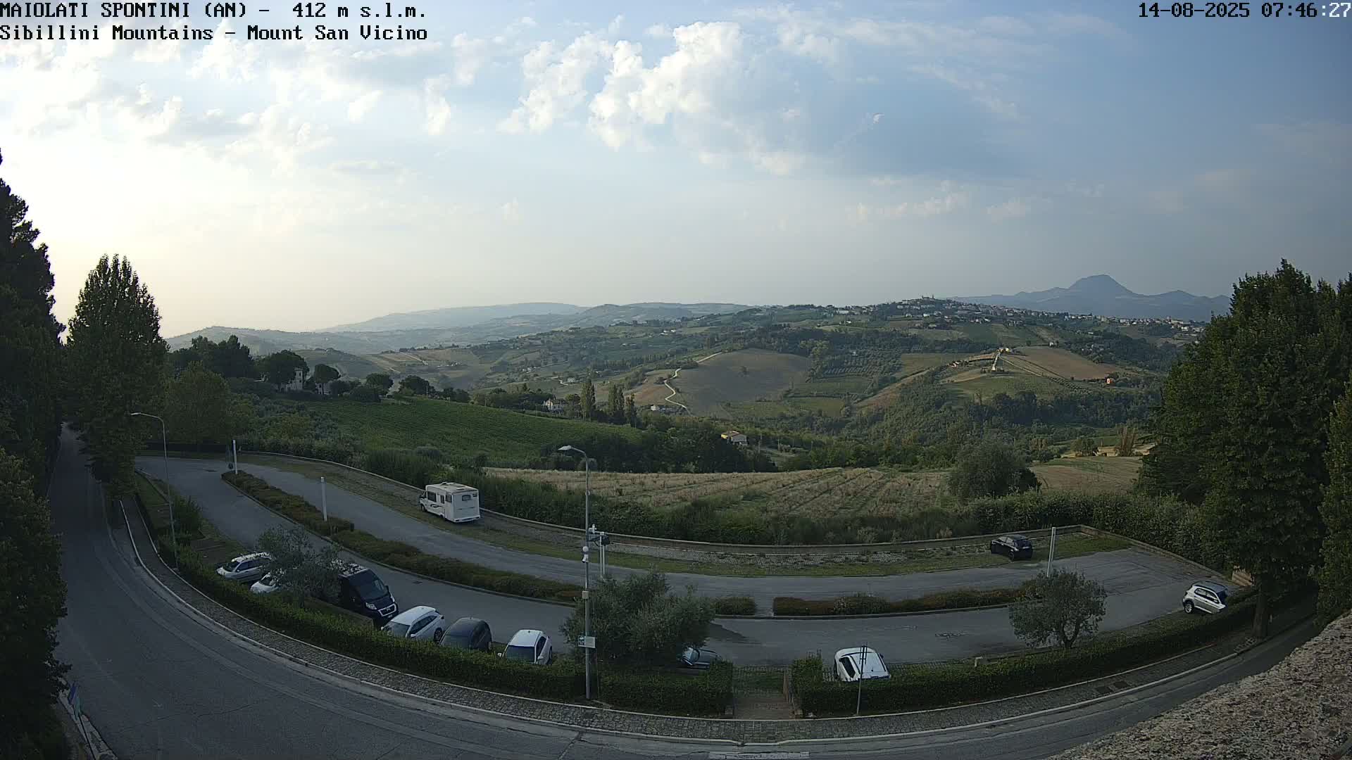 A partly cloudy day reveals a view of a hilly landscape with a parking lot and several cars, including a campervan, in the foreground.