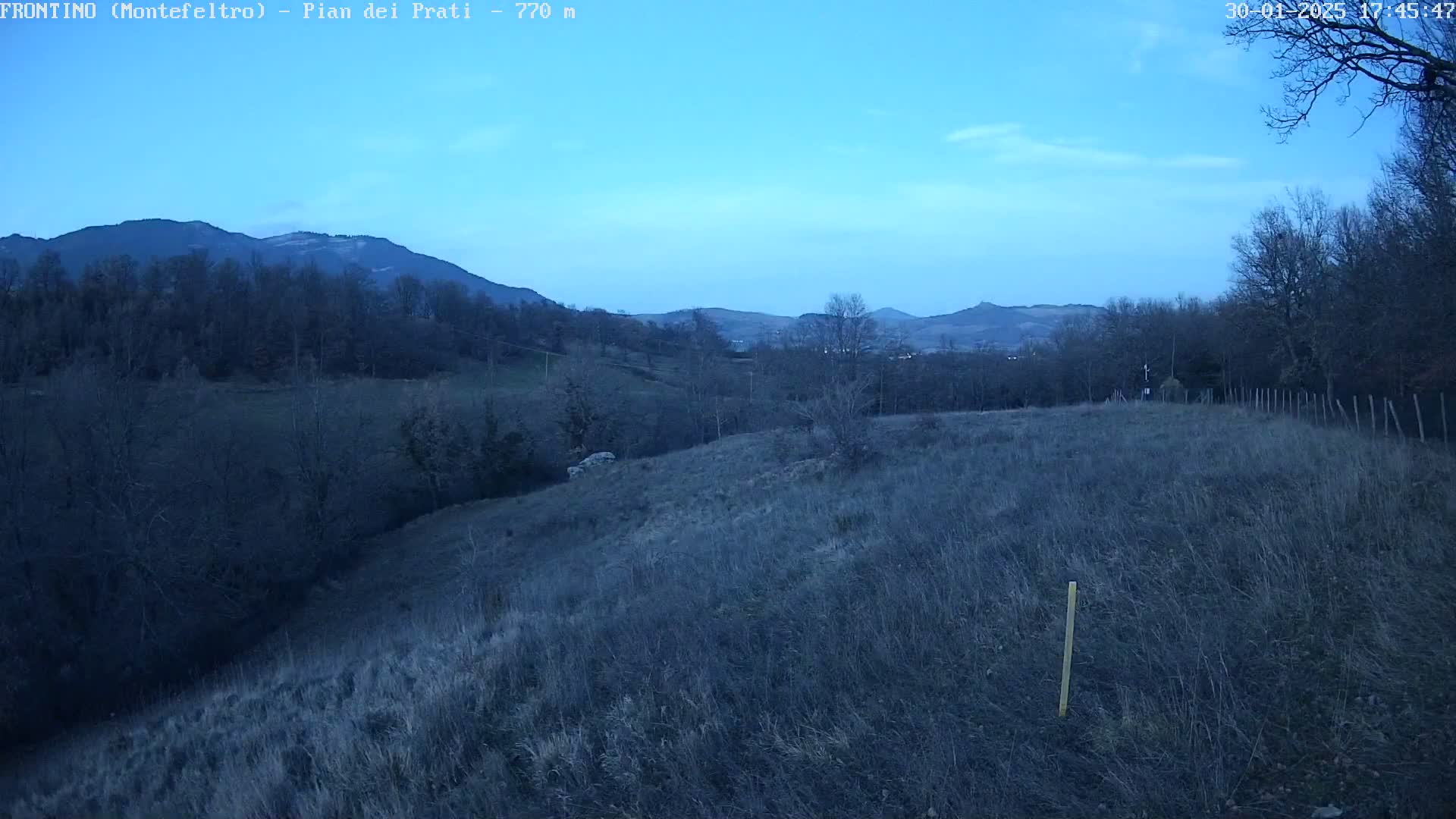 A view of a hilly landscape at dusk, with leafless trees and dry, brown grass under a clear, twilight sky.