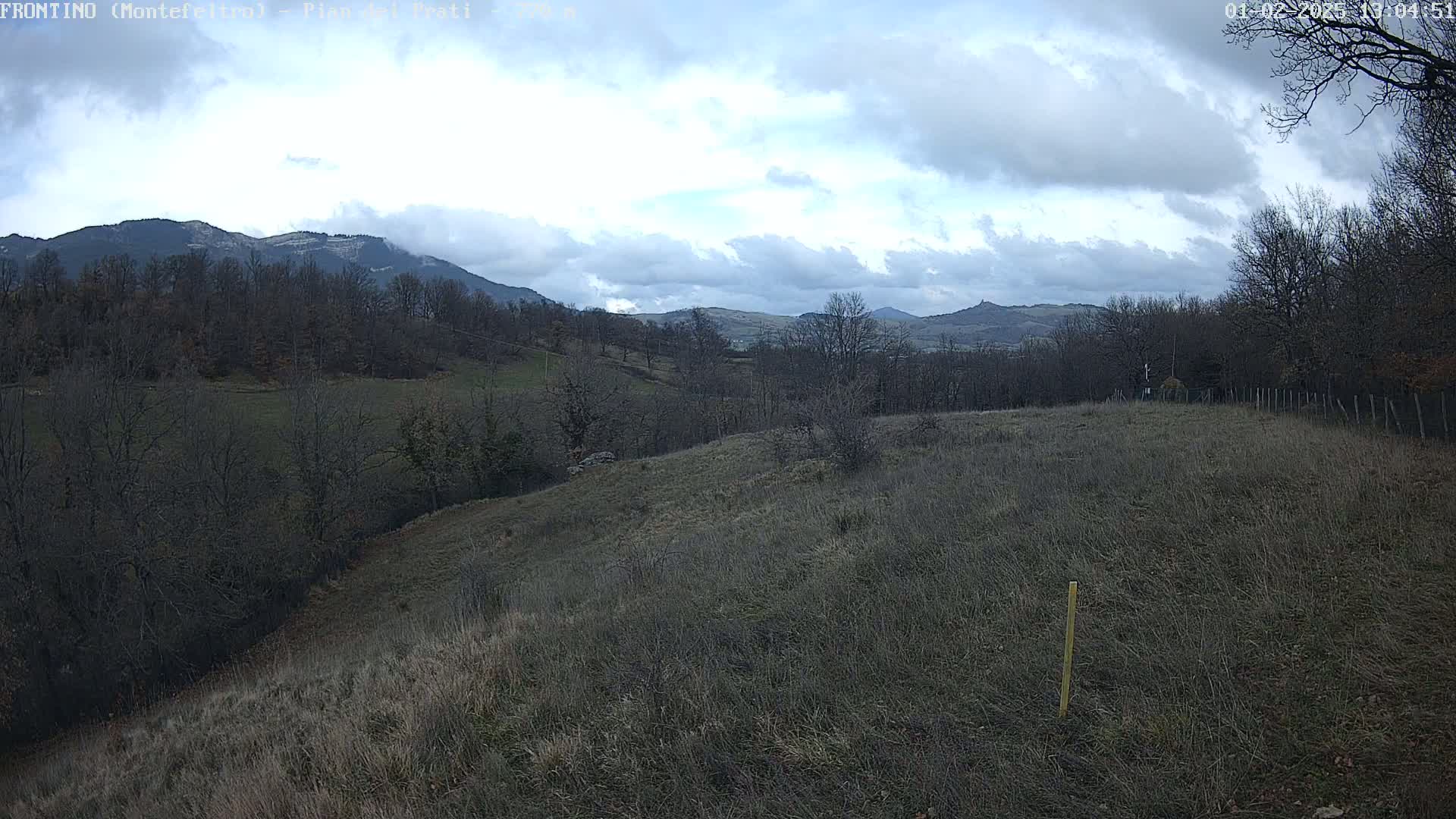 A hilly landscape under a cloudy sky shows bare, winter trees and dry grass covering the rolling hills, with distant mountains in the background.