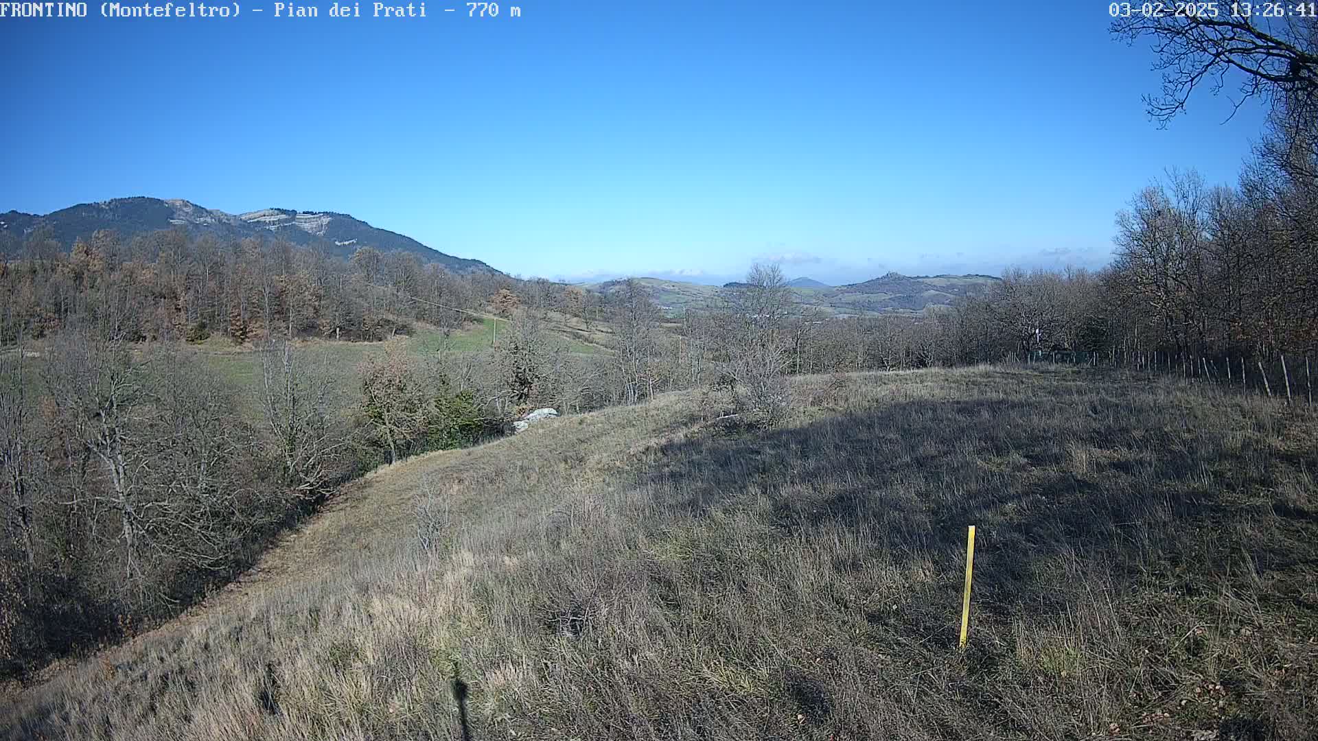 A high-angle view of a mostly barren, hilly landscape under a clear blue sky shows leafless trees and distant mountains.