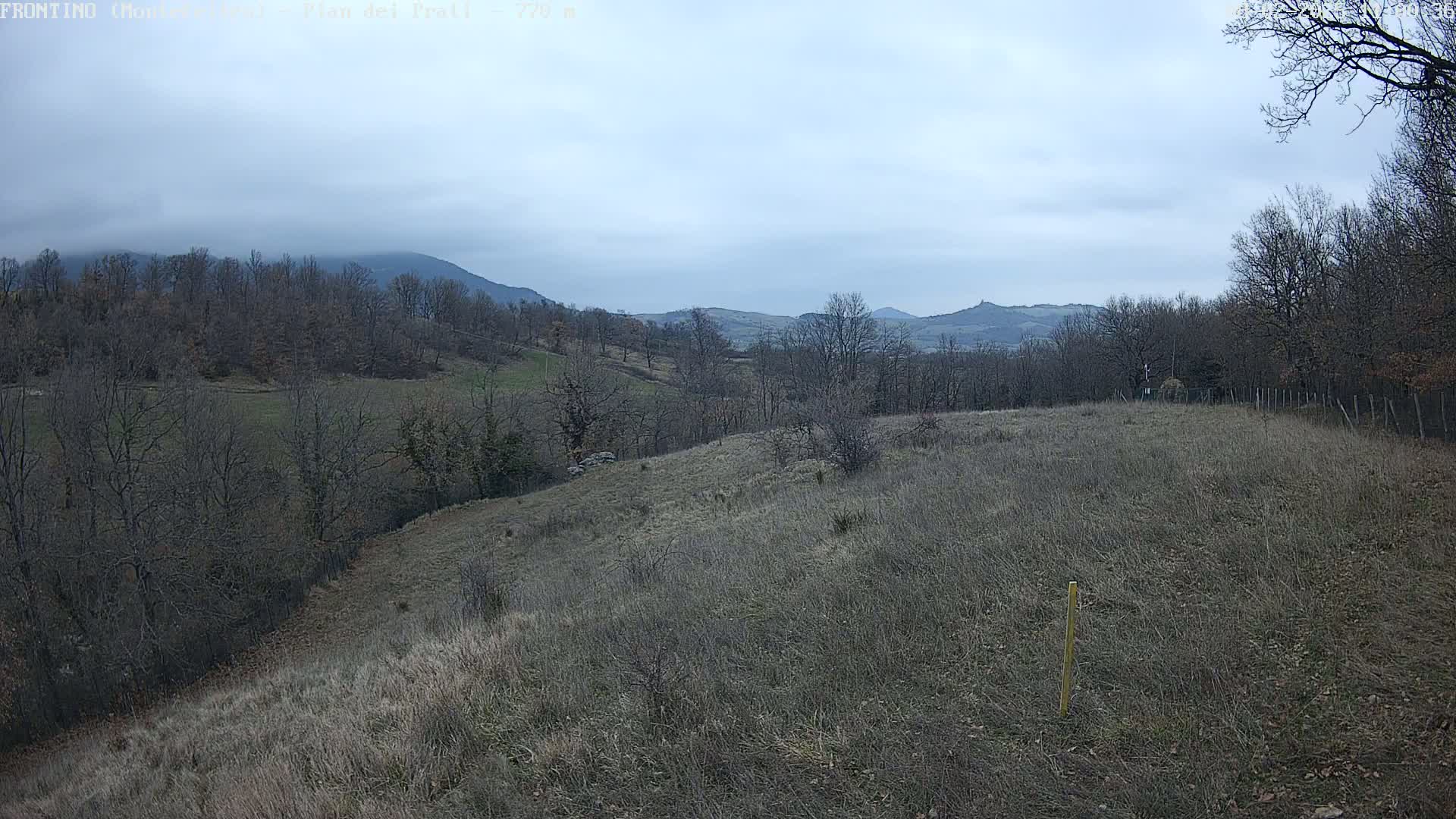 A view of a hilly landscape under an overcast sky, showing bare, winter trees and dry, brown fields stretching toward distant mountains.