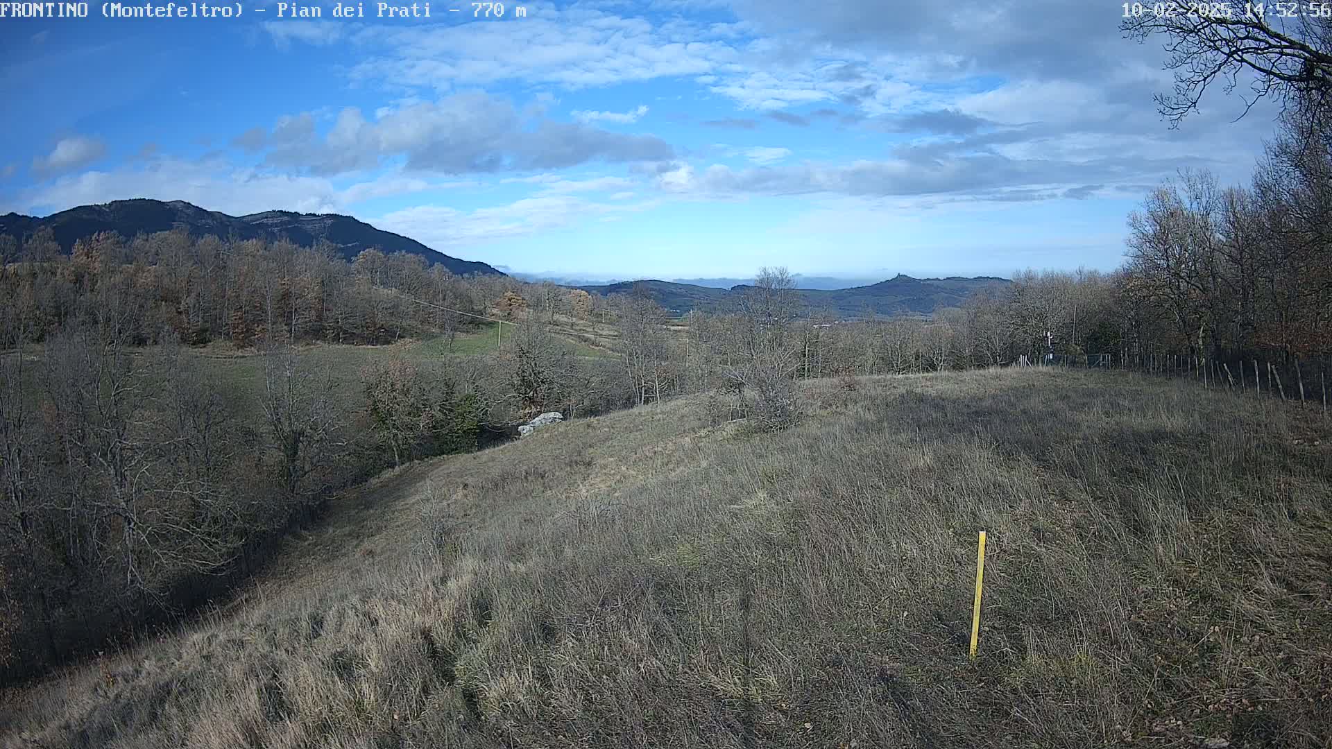 A mostly clear blue sky with some clouds overlooks a hilly landscape of dry, brown grass and leafless trees.