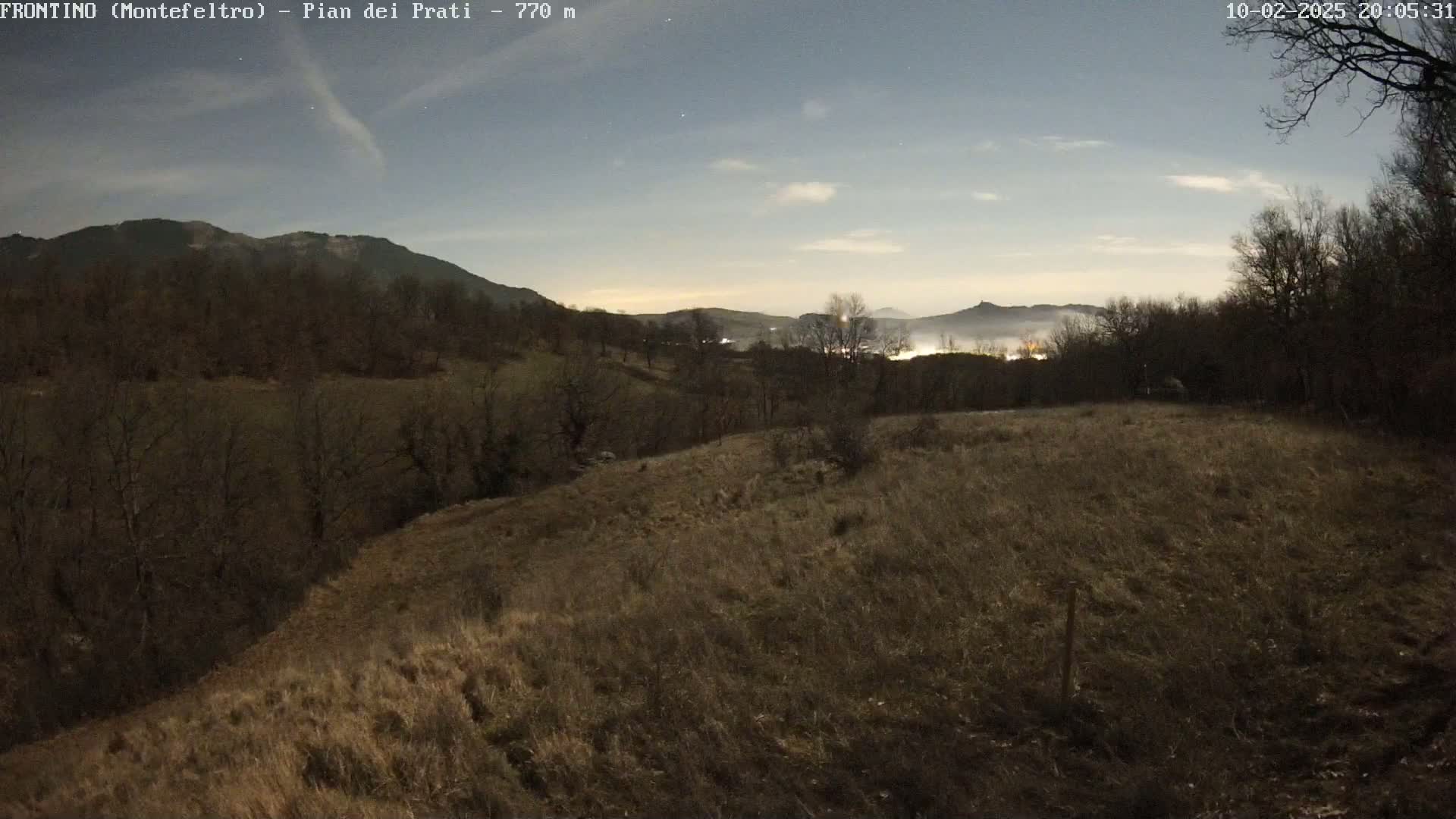 A moonlit field slopes down to a line of bare trees and distant, misty hills under a partly cloudy night sky.