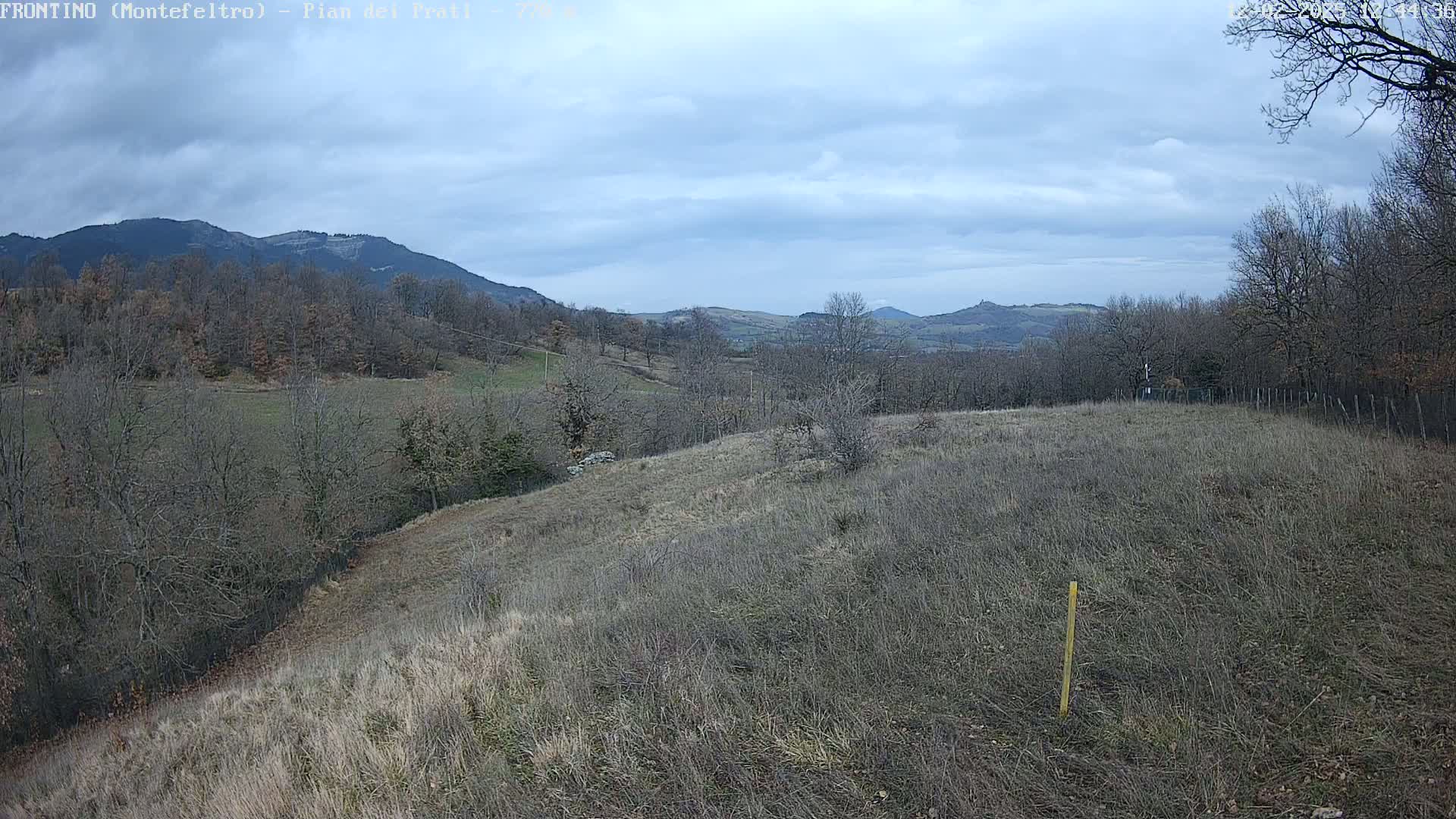 A mostly barren, hilly landscape under a cloudy sky shows distant mountains and leafless trees in the foreground and middle ground.