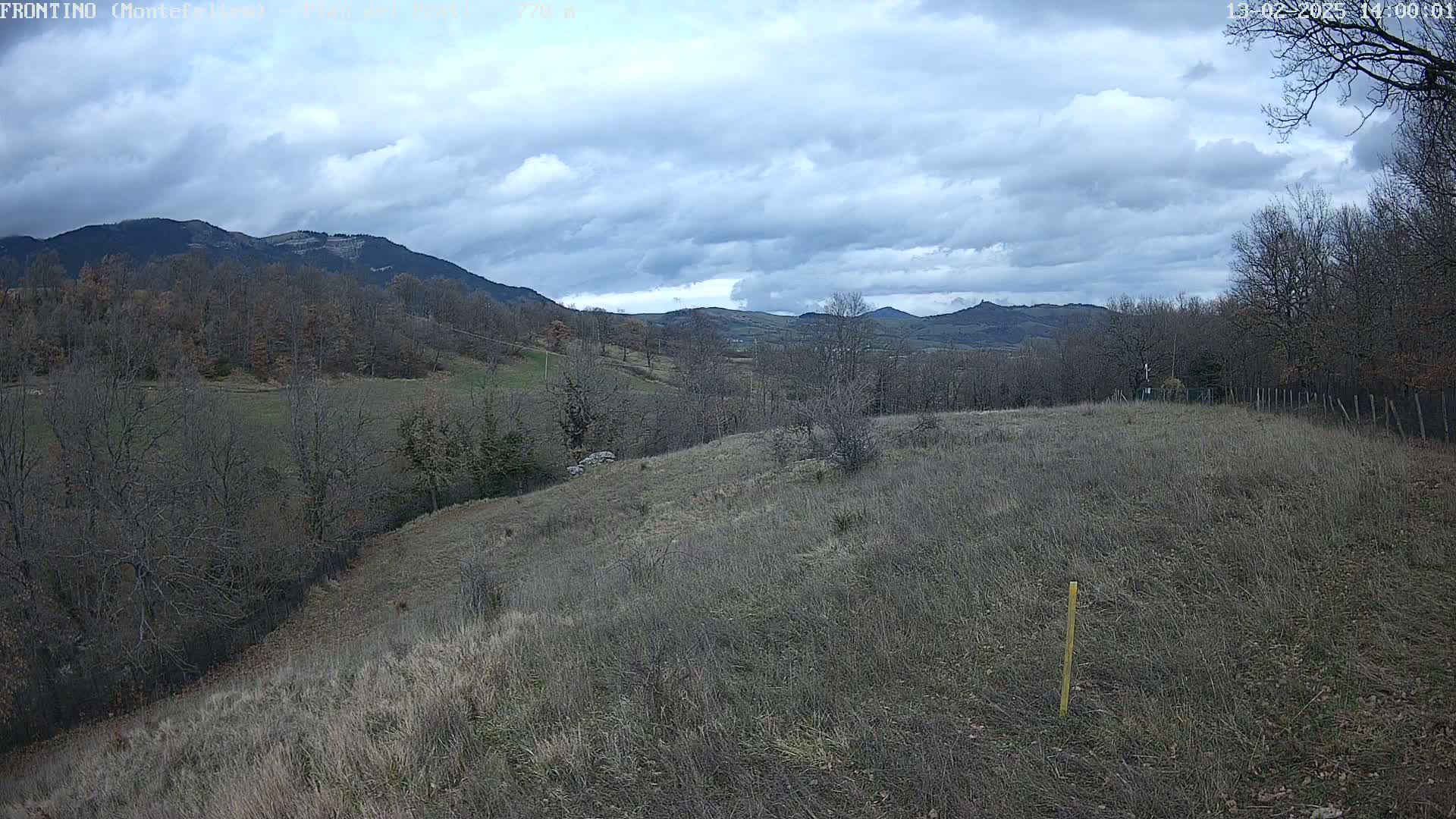A view of a hilly landscape under a cloudy sky shows dry, brown grass in the foreground, bare winter trees on the hillsides, and distant mountains.