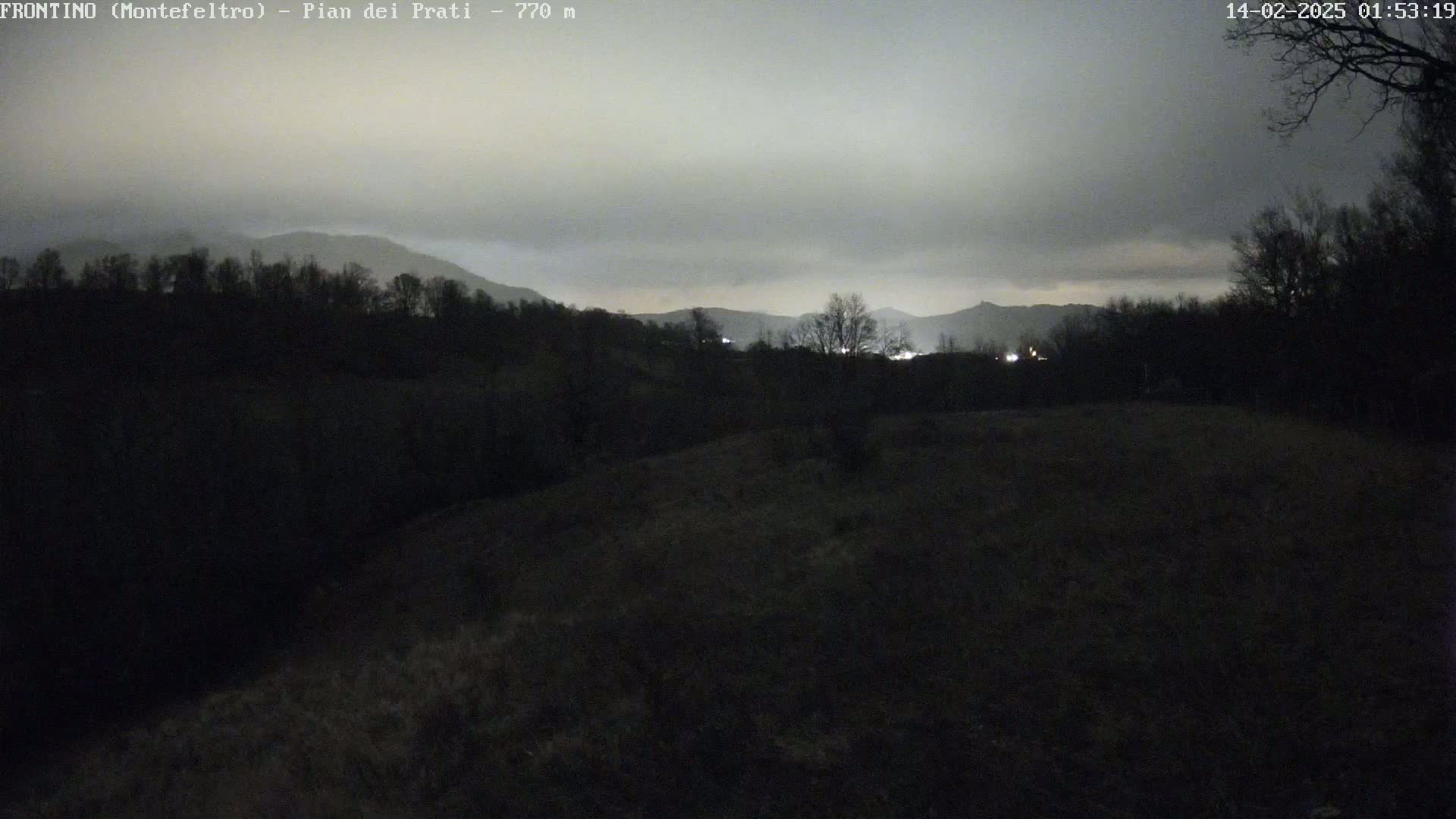 A nighttime view of dark, silhouetted trees and hills under a cloudy, gray sky.
