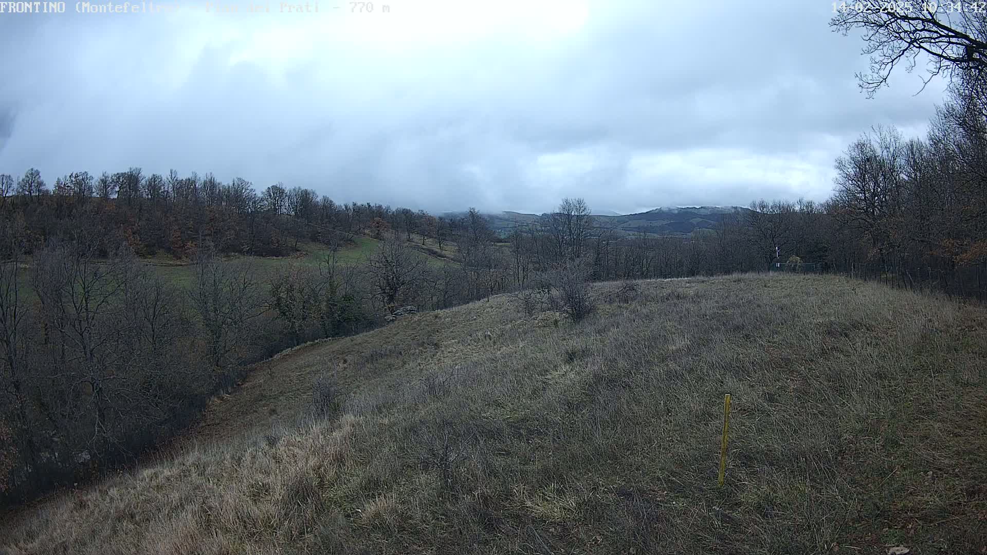 A mostly cloudy day reveals a hilly landscape of leafless trees and dry, brown grass, with a distant mountain range visible under a hazy sky.