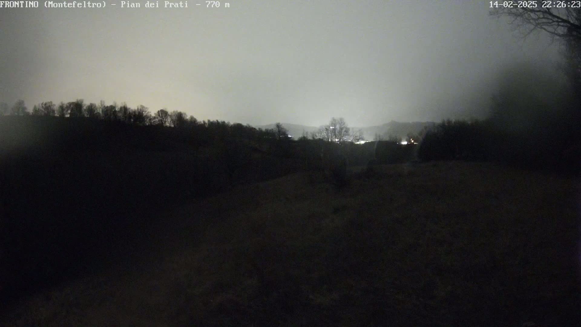 A dark, nighttime landscape shows a hill covered in trees, with some distant lights visible under a hazy, overcast sky.