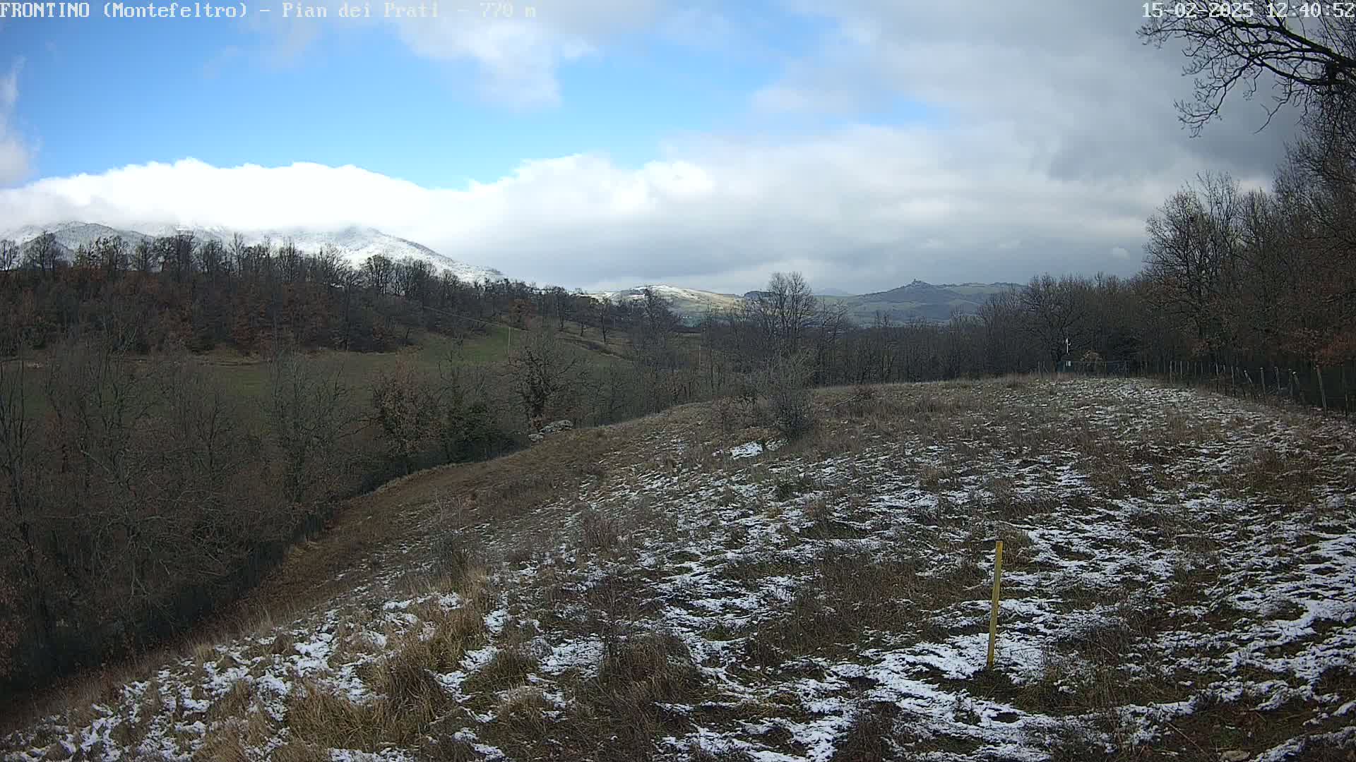 A snow-dusted field slopes gently downward toward a line of bare trees and snow-capped mountains under a partly cloudy sky.