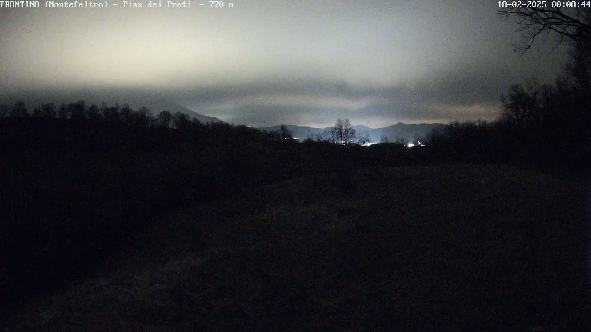 A nighttime view of dark, silhouetted trees and hills under a cloudy, dimly lit sky.