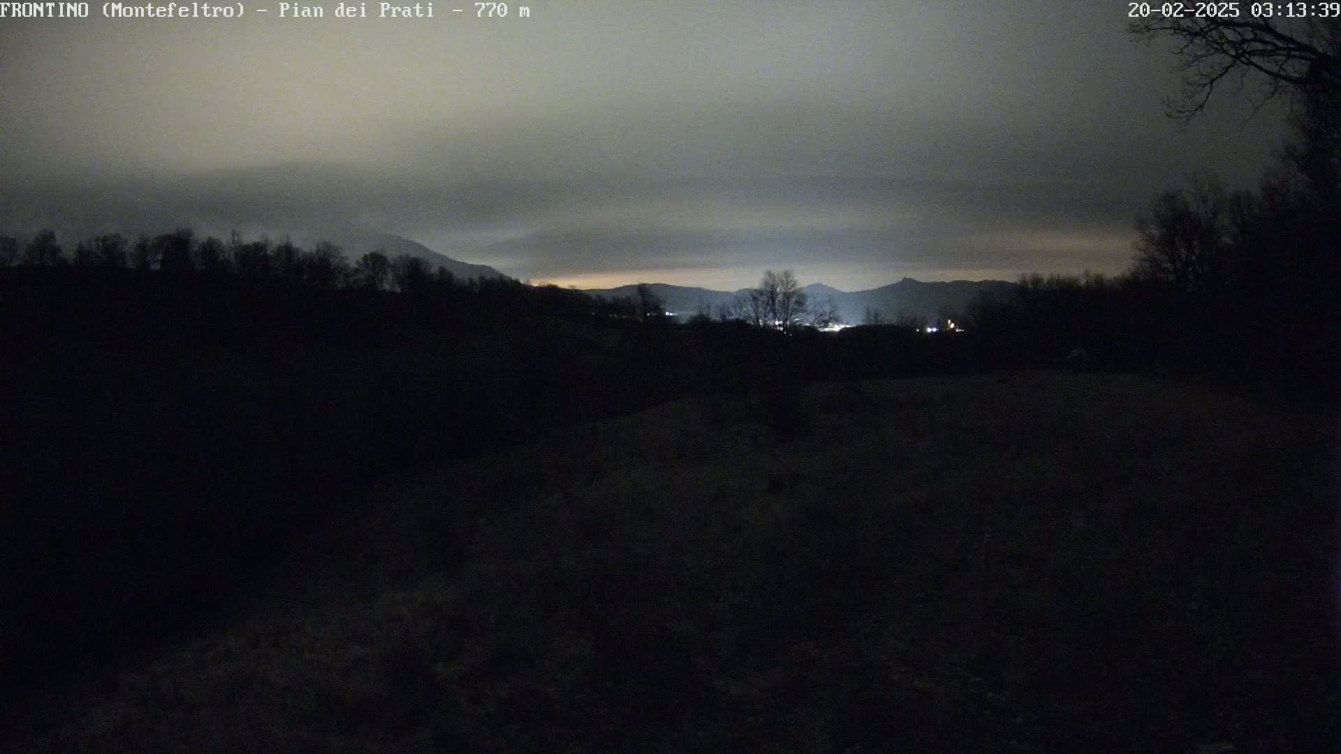 A dark, nighttime landscape shows silhouetted trees and hills under a cloudy sky, with a faint glow of light visible on the horizon.