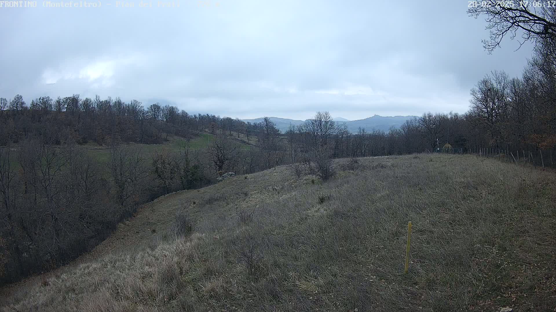 A mostly barren, hilly landscape under a cloudy sky features leafless trees and distant mountains.