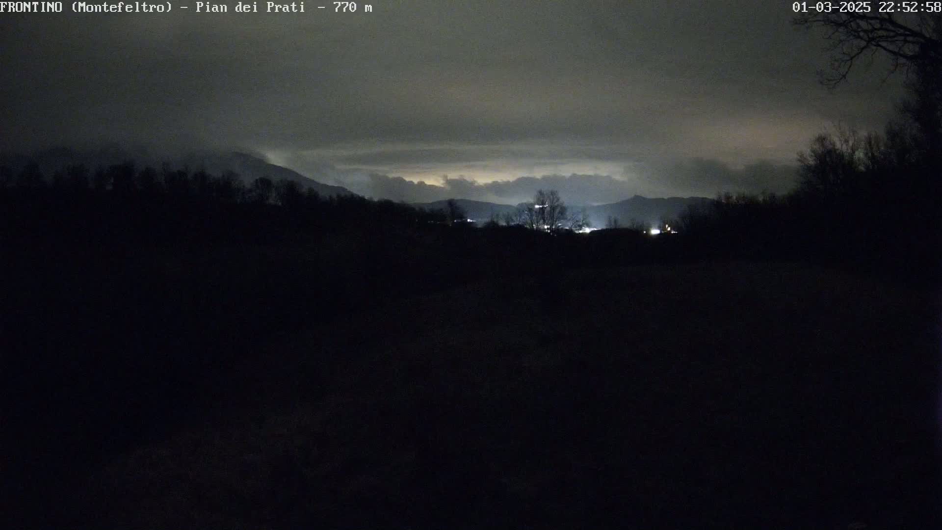 A dark, nighttime landscape shows silhouetted trees and distant mountains under a cloudy sky with a faint glow on the horizon.