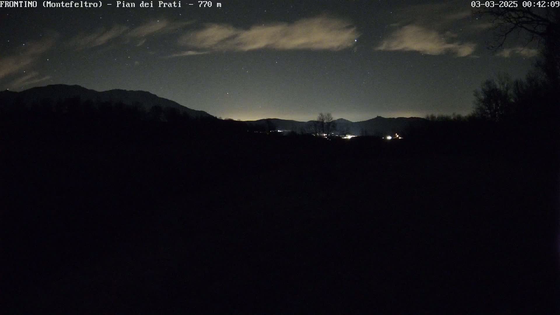 A nighttime view of dark mountains under a partly cloudy sky dotted with stars.