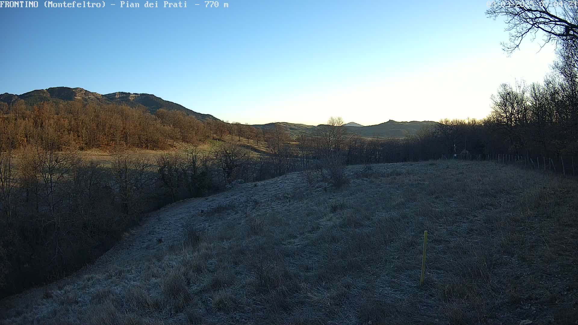 A frost-covered field slopes gently downward toward a line of bare, deciduous trees and distant, tree-covered hills under a clear, bright blue sky.