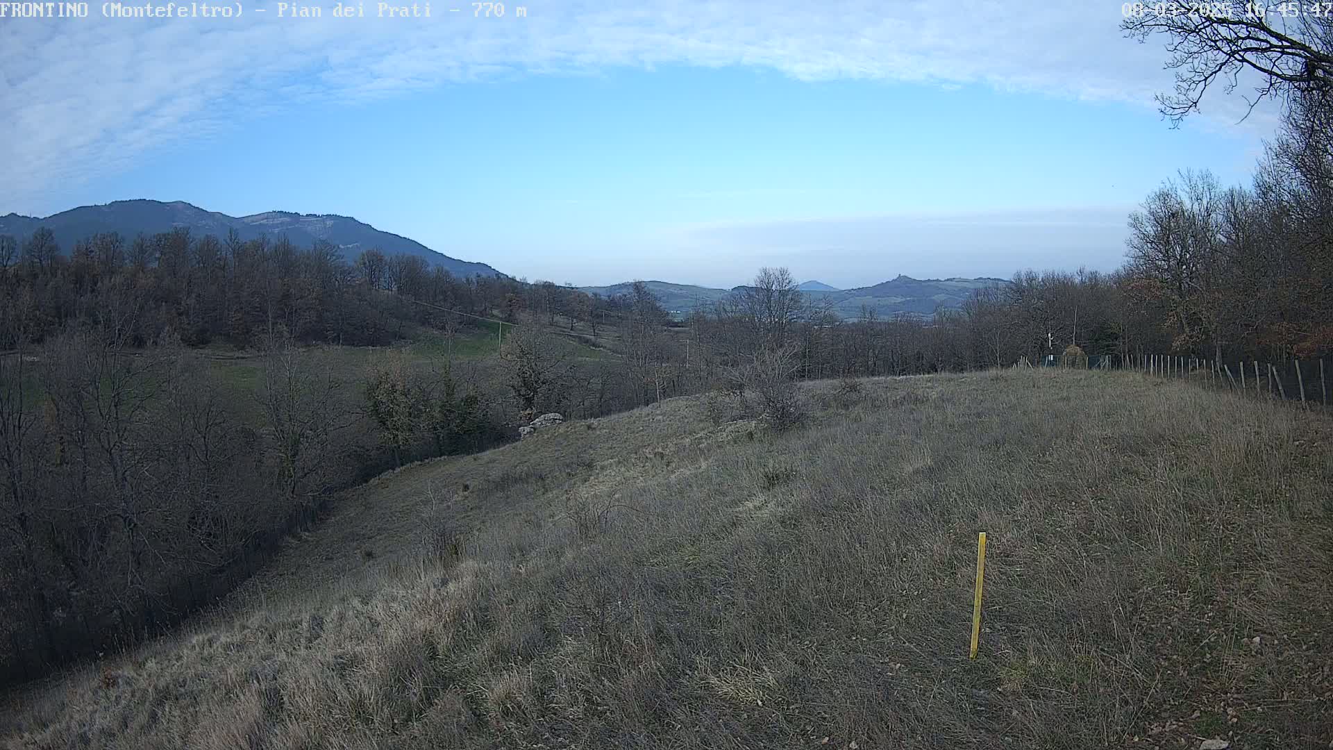 A mostly clear, bright day shows a hilly landscape with dry, brown grass and leafless trees under a pale blue sky.