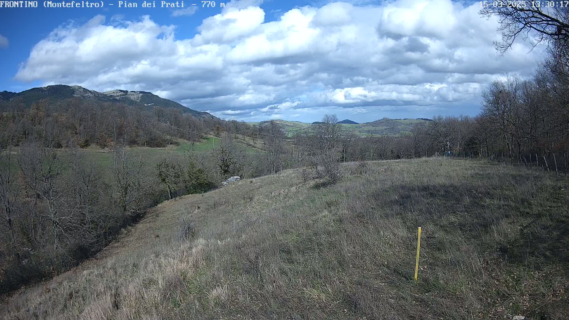 A partly cloudy sky overlooks a hilly landscape of dry, brown grass and leafless trees.
