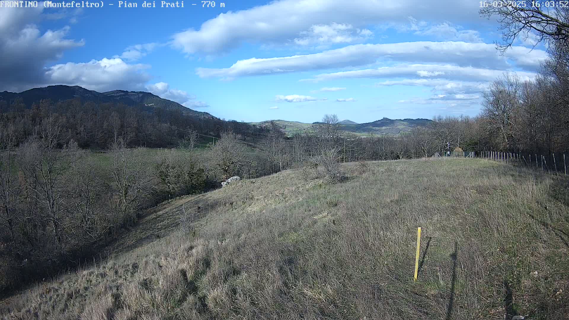 A mostly sunny, partly cloudy day reveals a hilly landscape of dry, brown grass and leafless trees, with distant mountains under a bright blue sky.