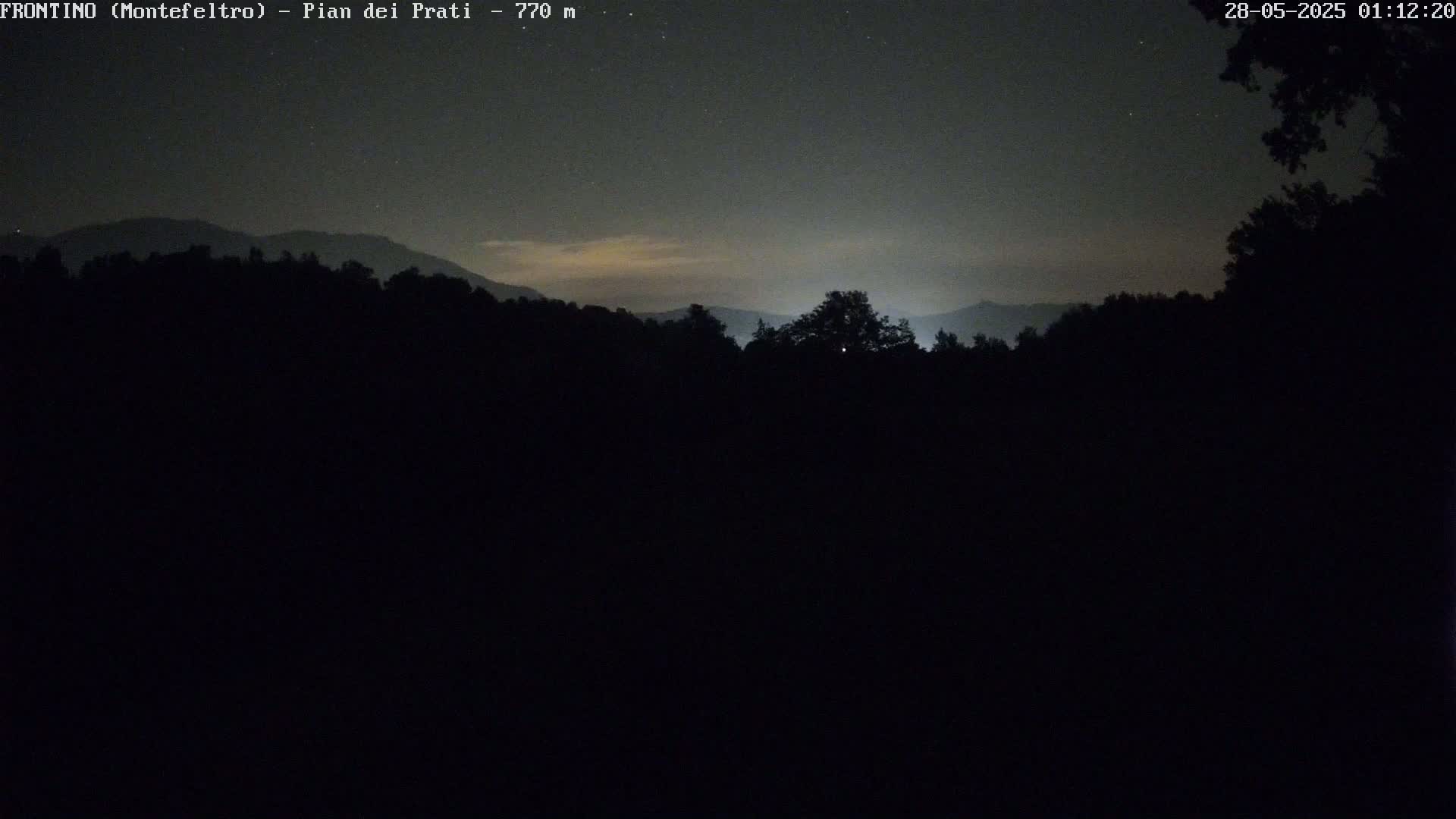 A nighttime view of silhouetted trees and distant mountains under a slightly cloudy, starry sky.