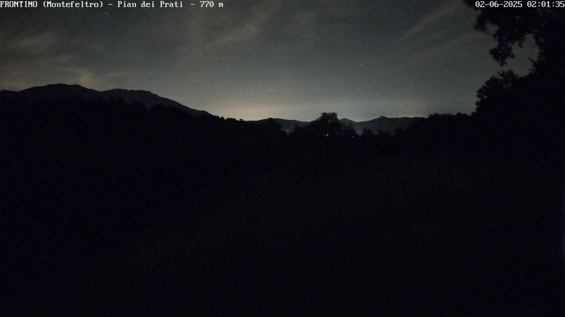 A nighttime view of silhouetted mountains under a partly cloudy sky speckled with stars.