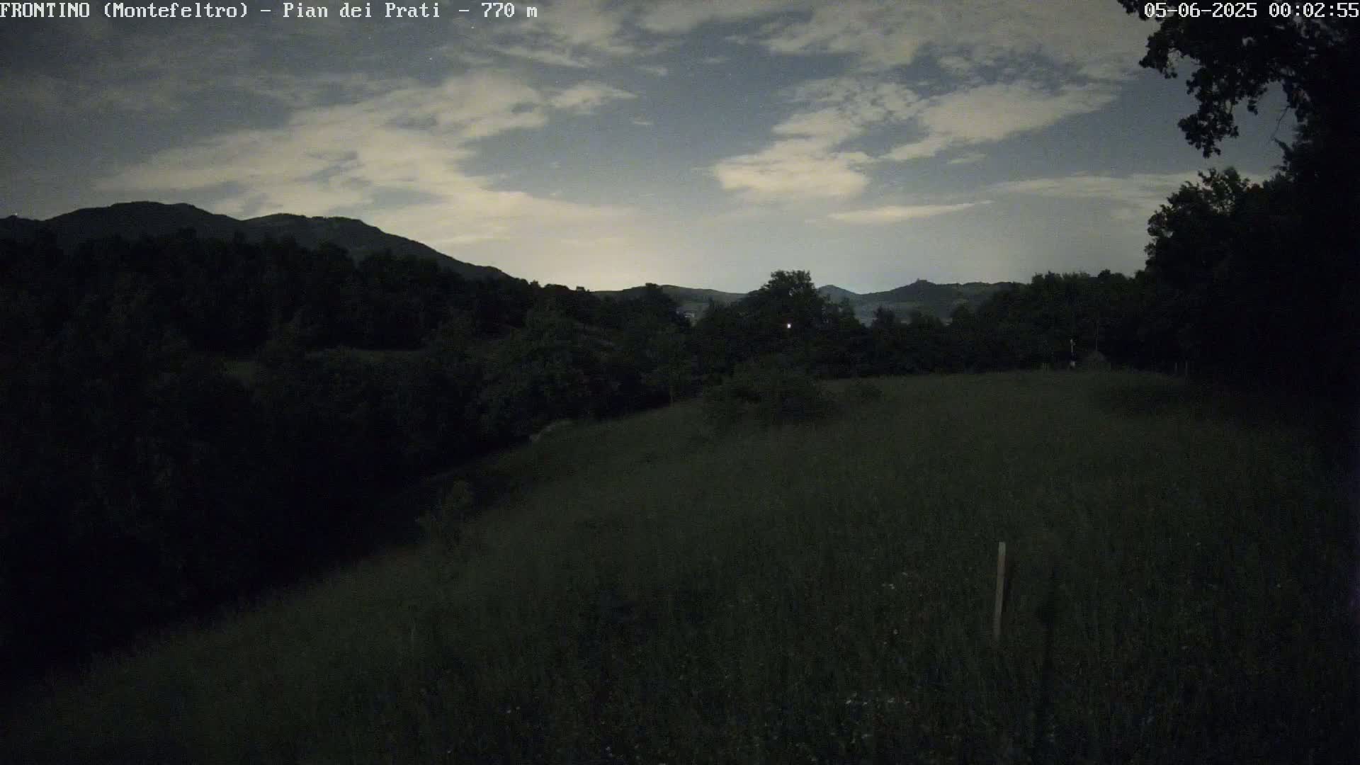 A dark, grassy field stretches out under a partly cloudy night sky, with dark, silhouetted trees and hills in the background.