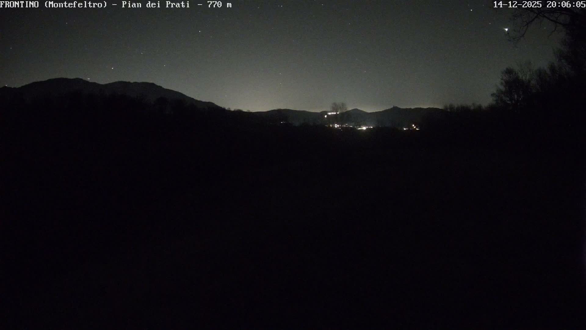 A vast, overcast landscape features rolling hills covered in dry, dormant grass and bare deciduous trees, with distant mountains under a cloudy sky and a flock of small birds soaring above.