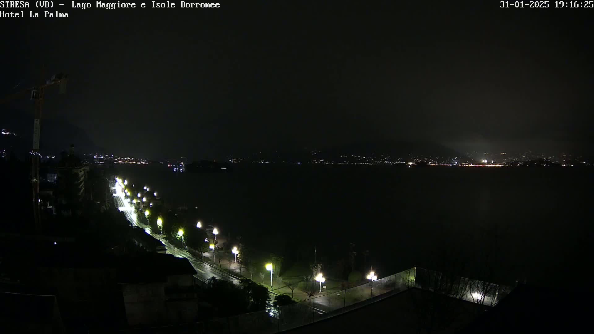 A rain-slicked road lined with lit streetlights curves along a dark lakeshore at night, with distant city lights visible across the water.