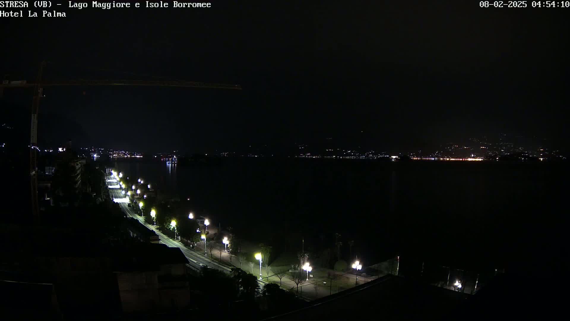 A nighttime view of a dark body of water with a city's lights in the distance, a road lined with illuminated streetlights along the waterfront, and a construction crane in the foreground.