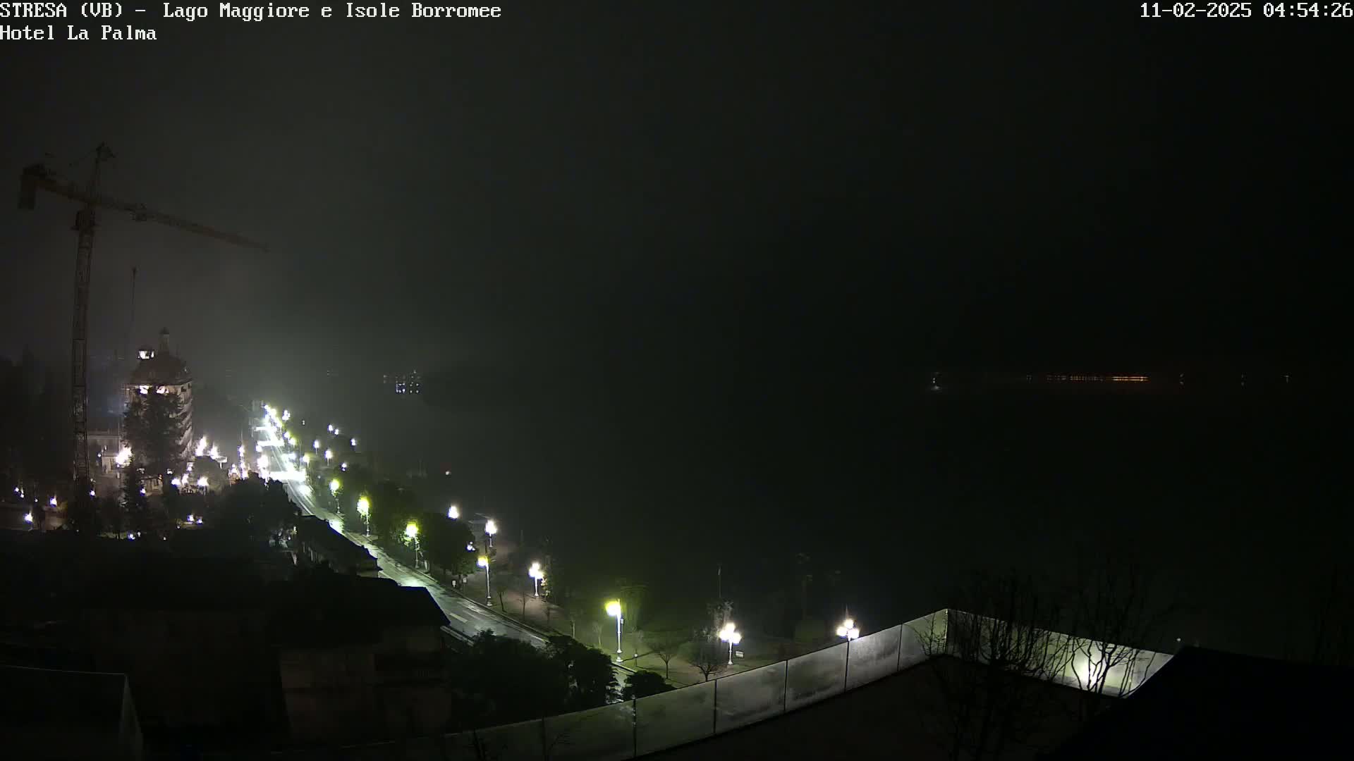 A nighttime, foggy view of a city street lit by lampposts leading to a dark body of water, with a construction crane visible in the upper left corner.