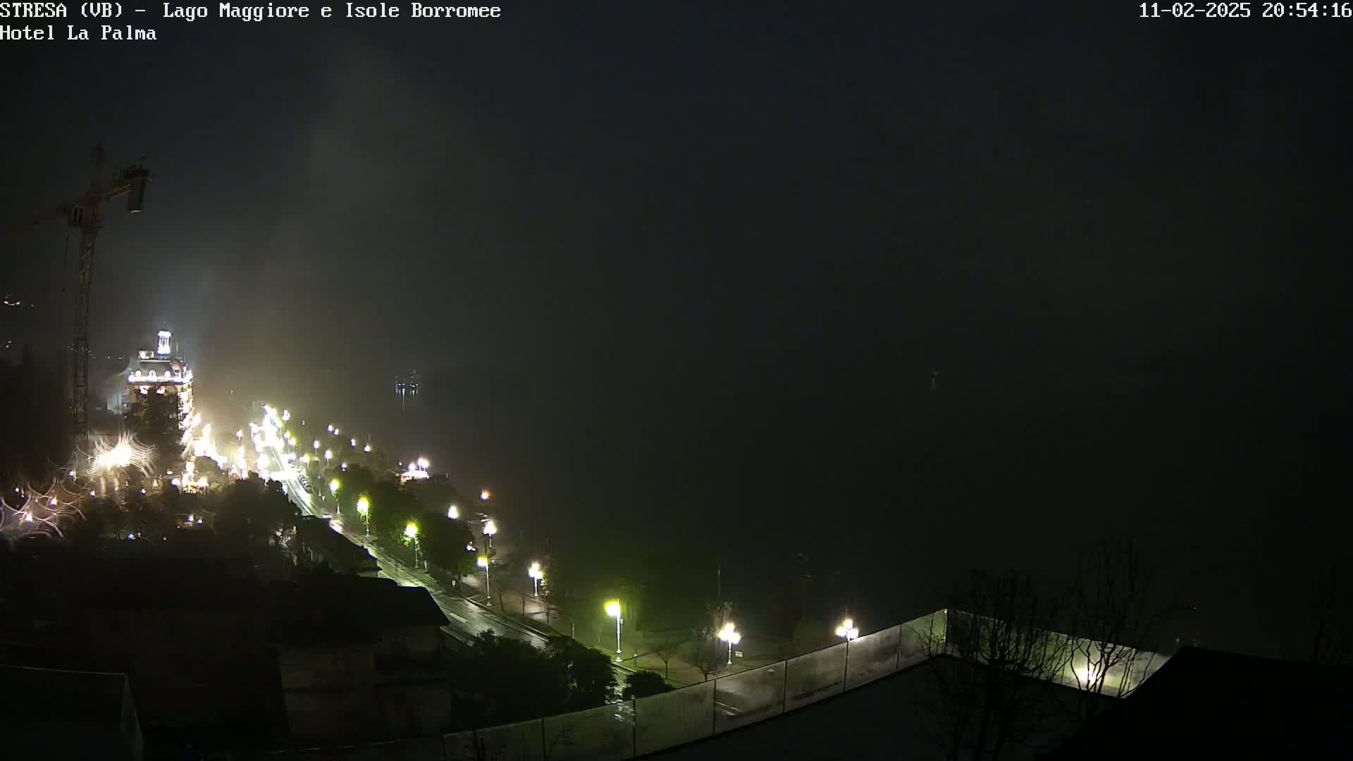 A nighttime, foggy view of a city street with lights lining the road leading to a body of water, a tall building, and a construction crane in the distance.