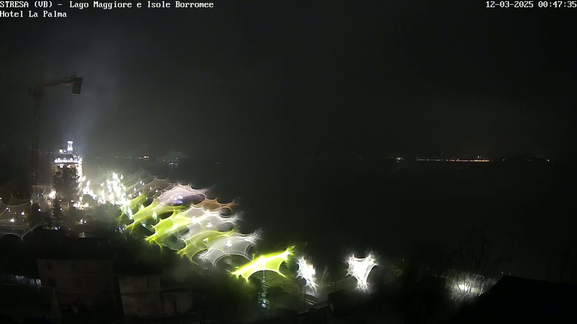 A nighttime view of illuminated, web-like structures extending over water, under a dark, foggy sky.