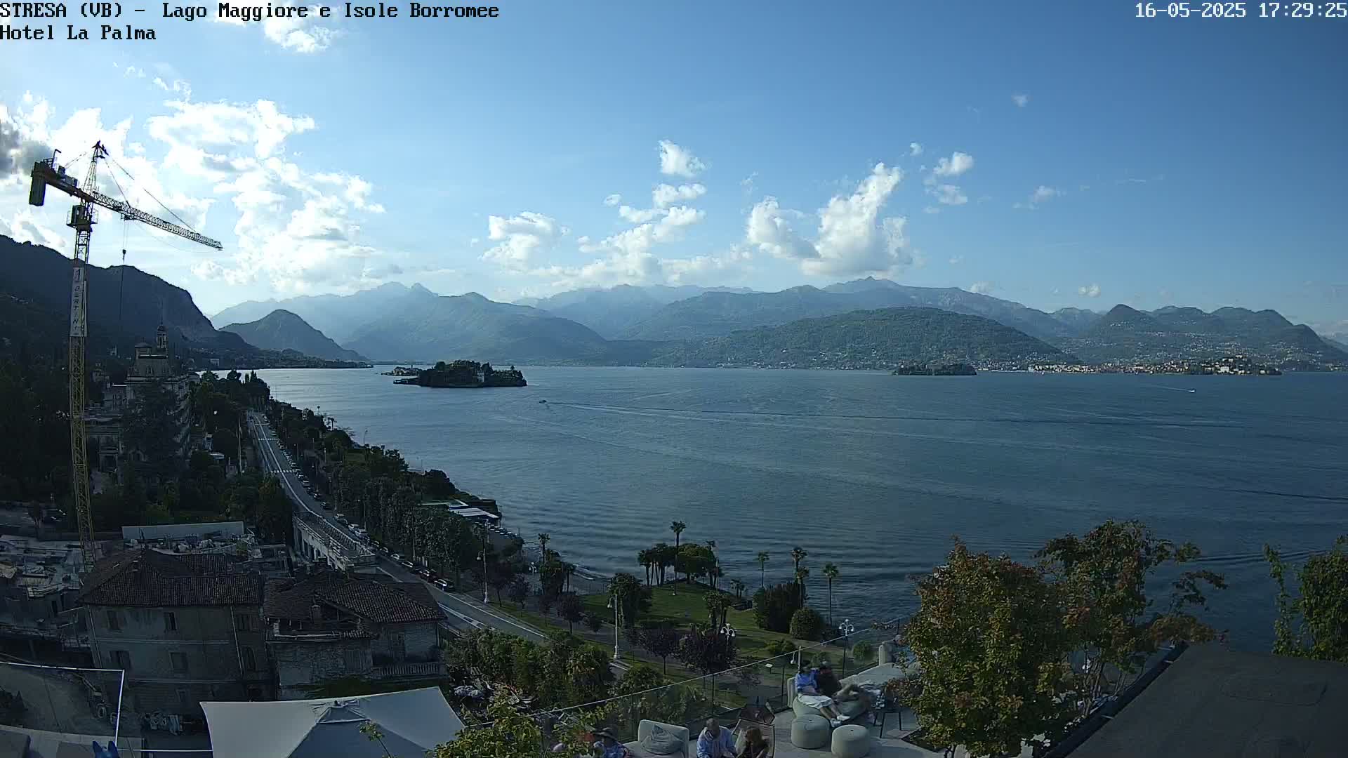 A sunny day overlooks a large lake, with mountains in the background, a town to the left, and several people relaxing near the waterfront.