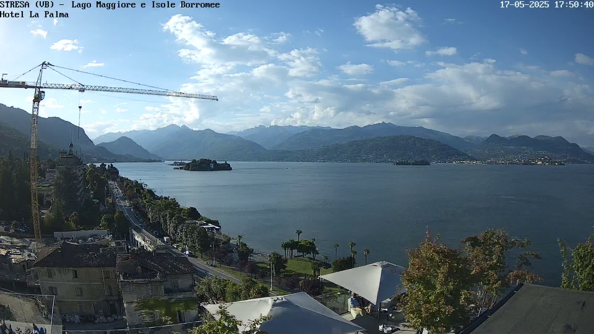 A partly cloudy day overlooking a lake with mountains in the background, a crane and buildings are visible in the foreground.