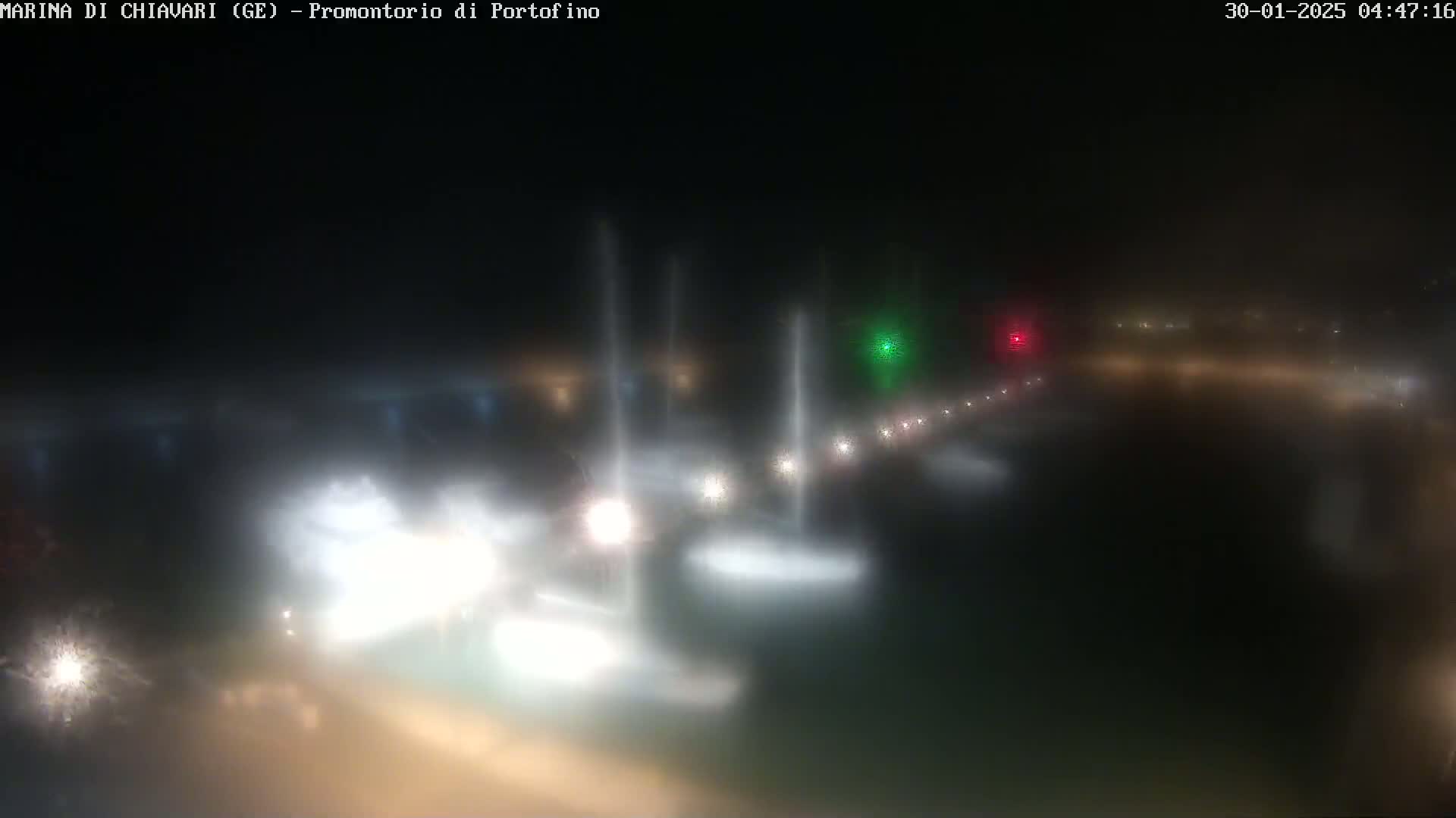 A nighttime, hazy view of a harbor with numerous boats illuminated by their lights.