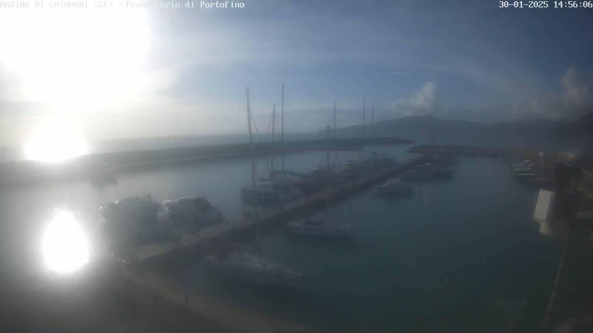 A hazy, sunny day overlooks a marina filled with numerous boats docked along piers.