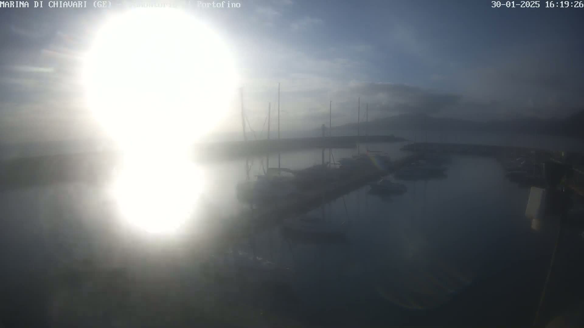 A hazy, sunlit view of a marina filled with moored sailboats and motorboats.