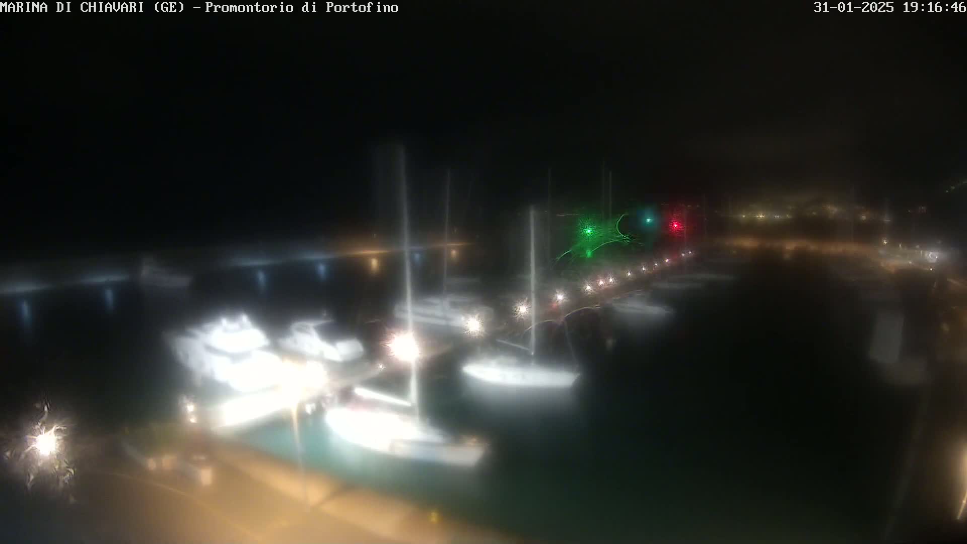 A nighttime, slightly hazy view of a marina with several sailboats and motorboats docked.