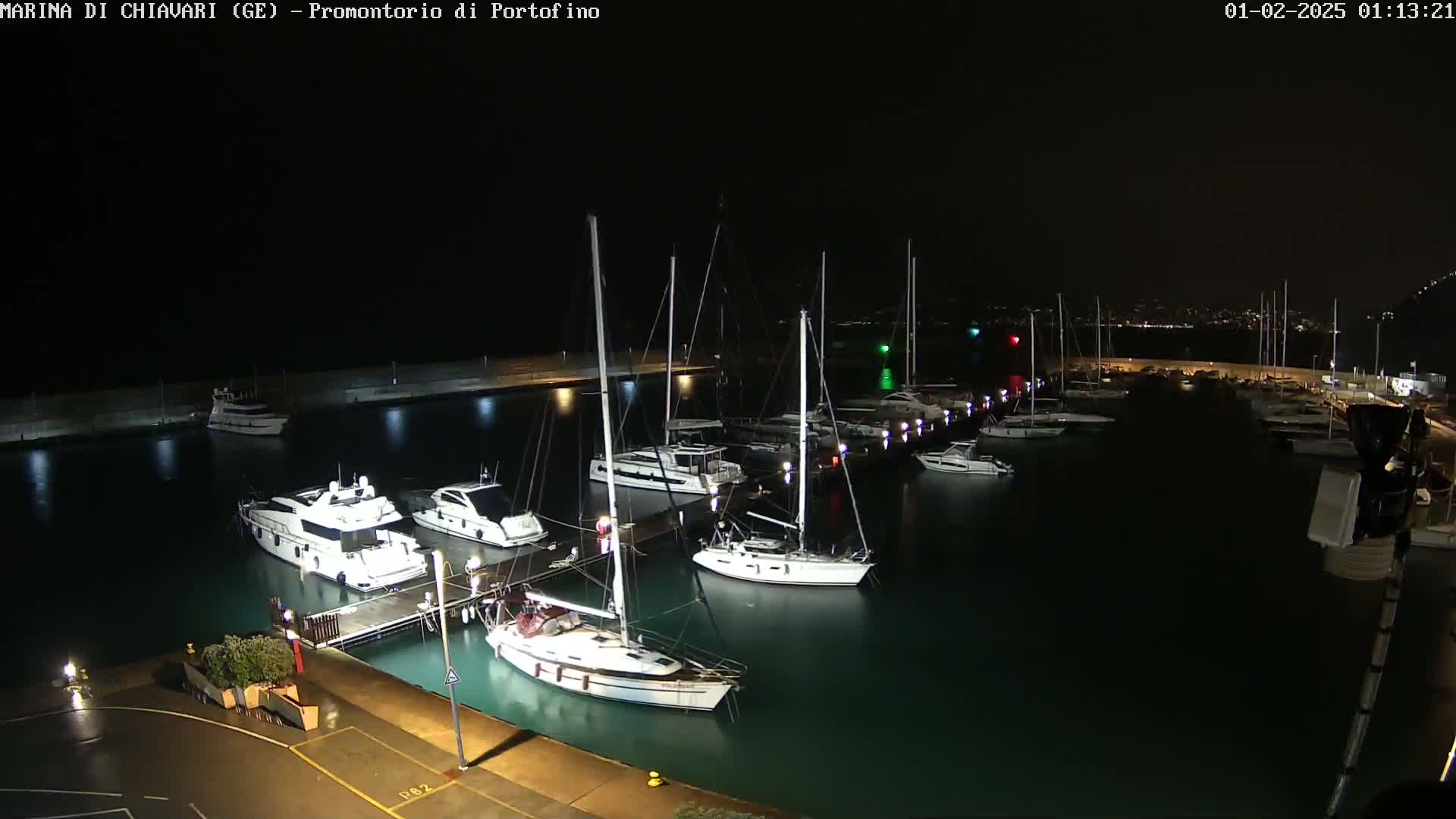 A nighttime view of a marina filled with sailboats and motorboats, illuminated by lights, under a dark, possibly rainy sky.