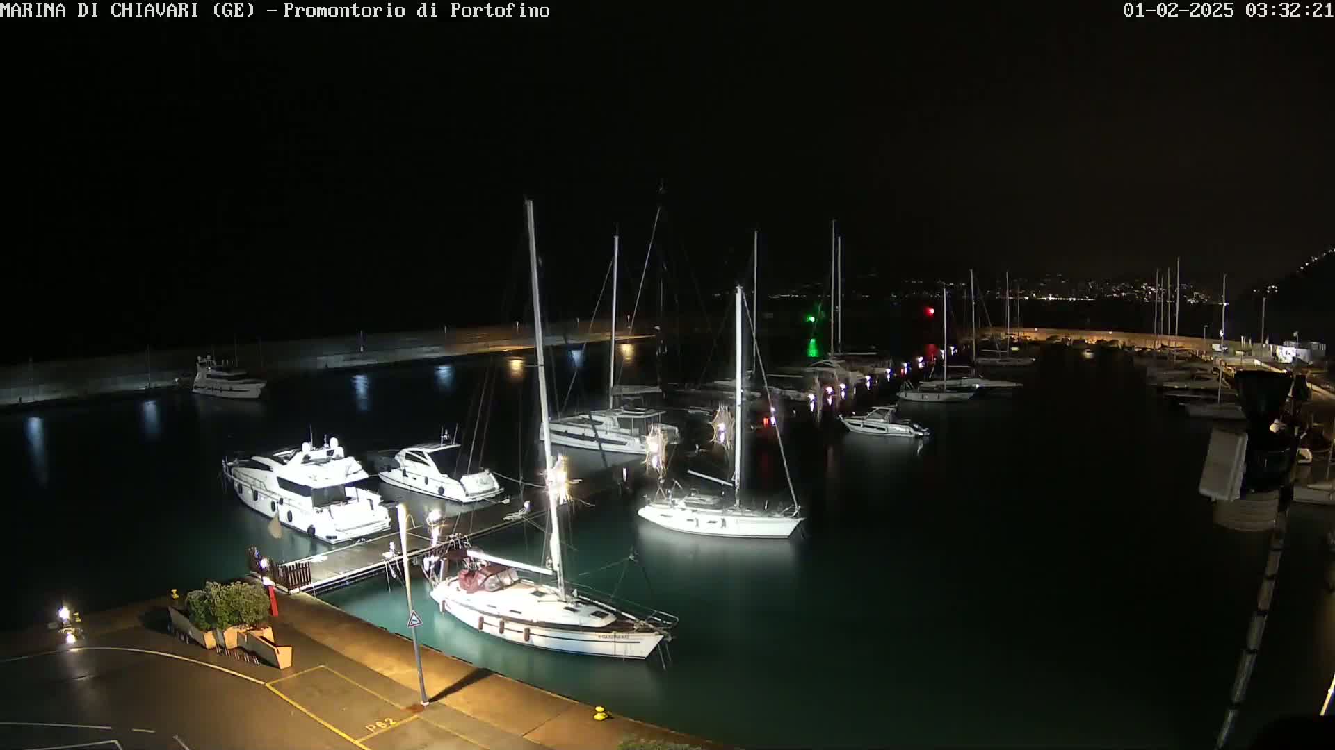 A marina at night, filled with sailboats and motorboats, is illuminated by lights under a dark sky.