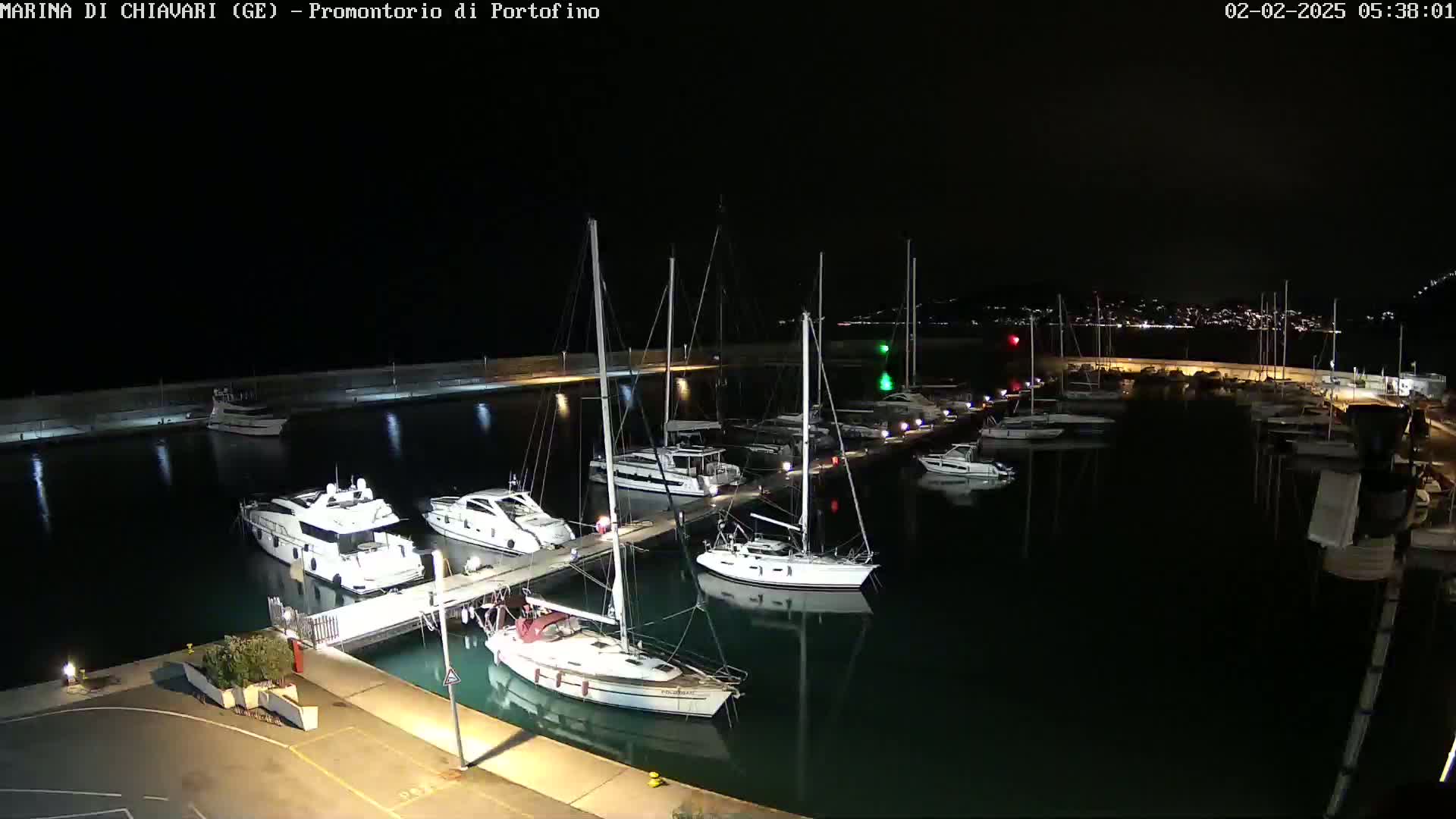 A marina at night, filled with numerous sailboats and motorboats docked along a seawall under a clear, dark sky.