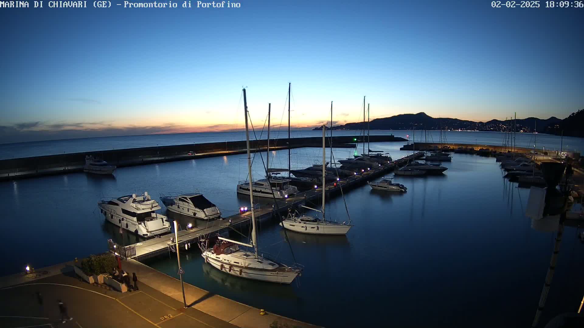 A marina at dusk, filled with various sailboats and motorboats docked along piers, under a clear twilight sky.