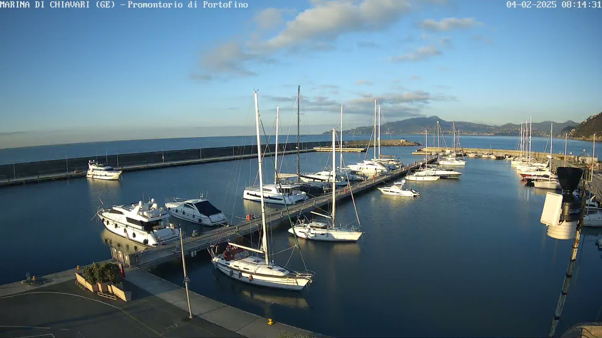 A marina filled with numerous sailboats and motorboats is situated on calm water under a mostly clear sky with a few clouds.