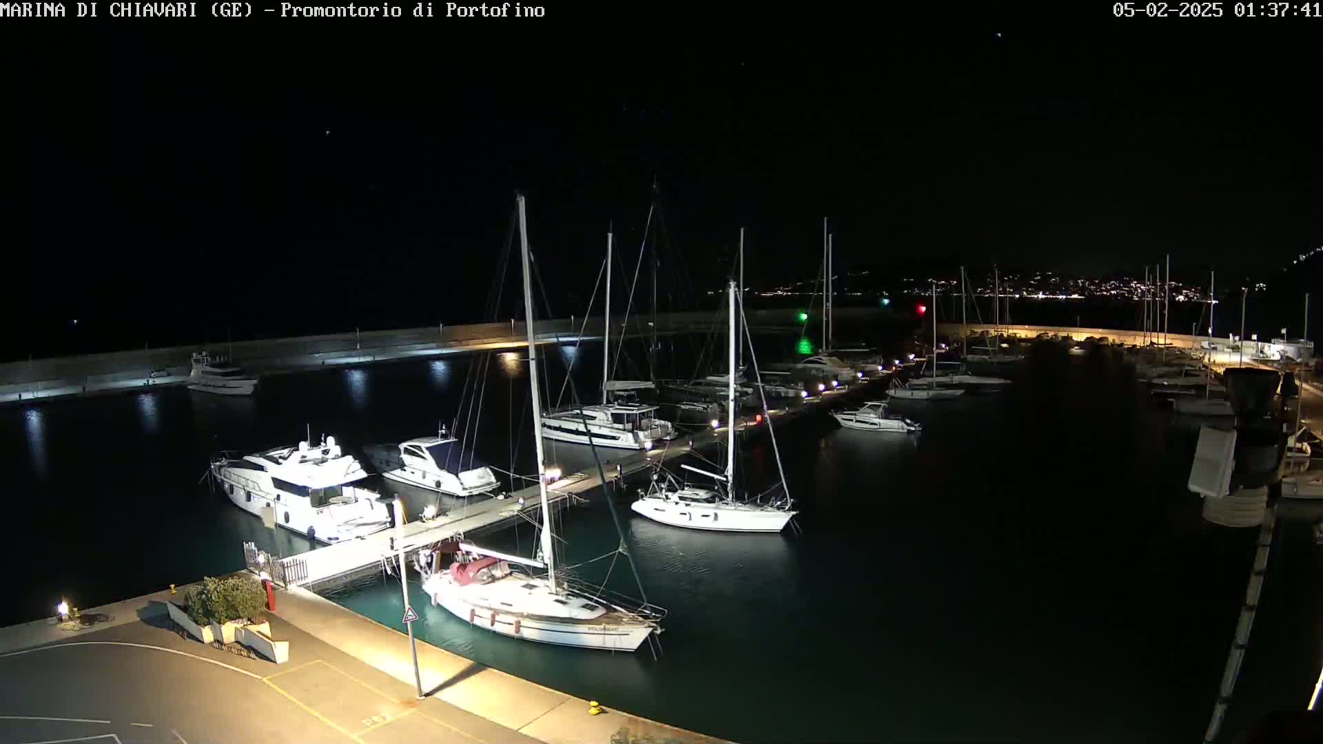 A marina at night filled with various sailboats and motorboats docked alongside a lit seawall under a clear, dark sky.