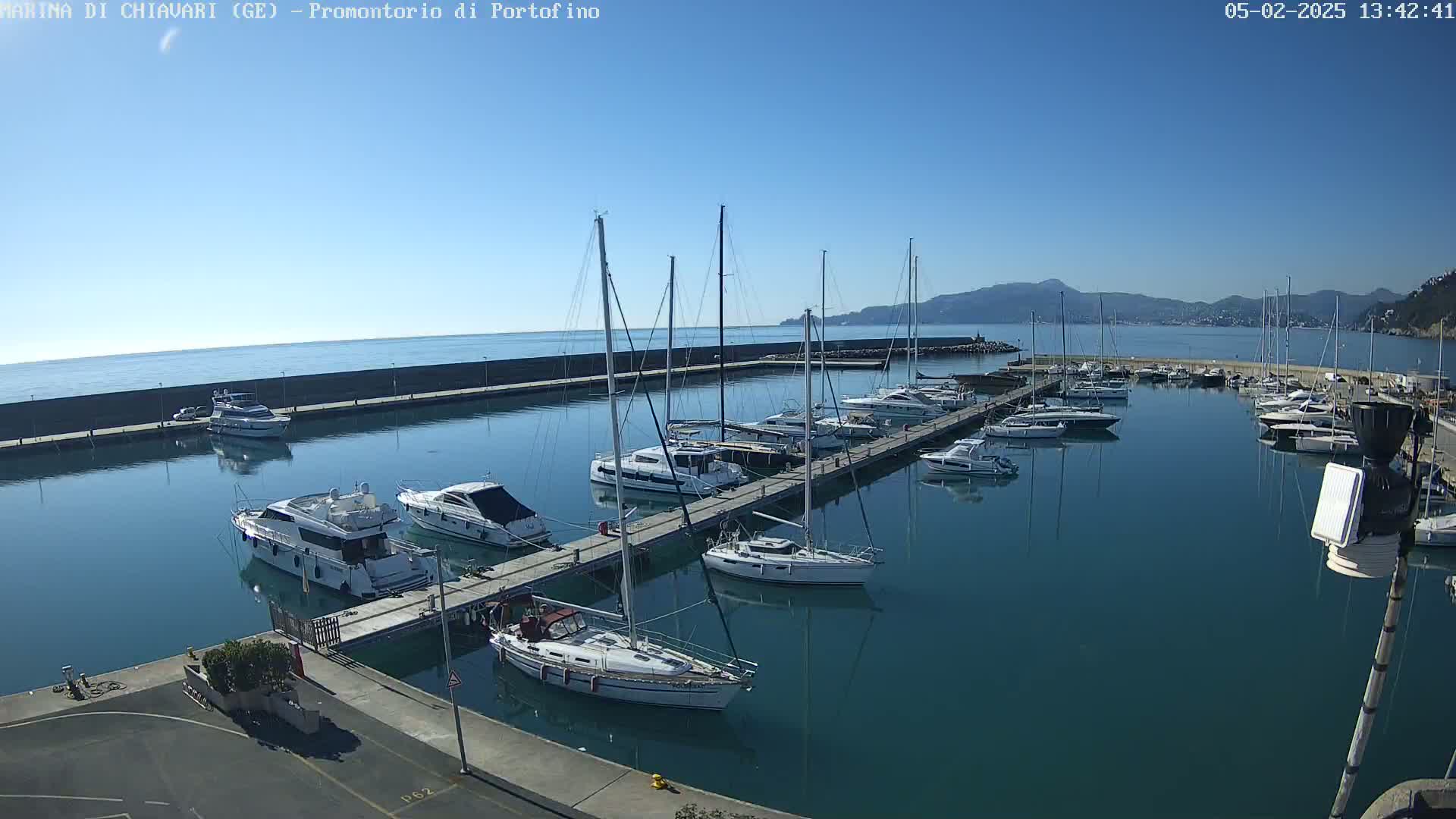 A marina filled with sailboats and motorboats is shown on a sunny day with clear blue skies and calm water.