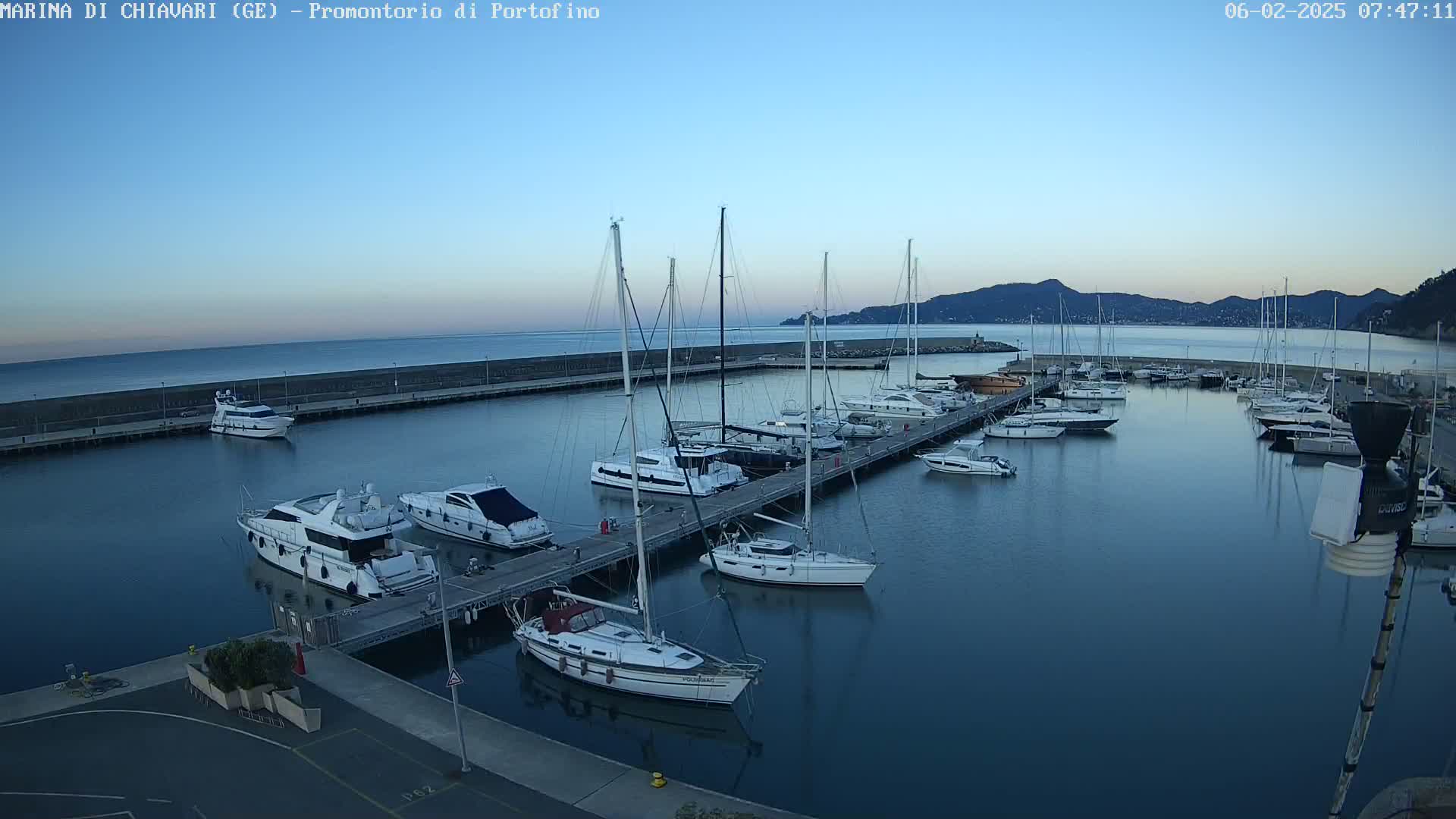 Numerous yachts and sailboats are docked at a marina under a clear, twilight sky.
