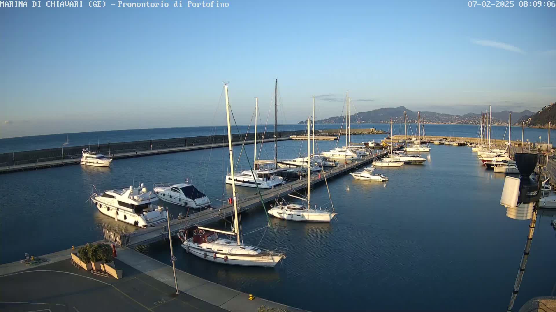 A marina filled with yachts and sailboats on a calm, clear day, with mountains visible in the distance.