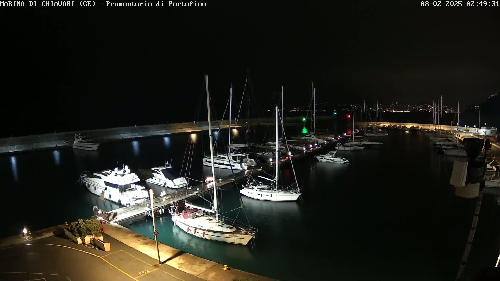 A marina at night, filled with sailboats and motorboats docked alongside a lit seawall under a clear, dark sky.