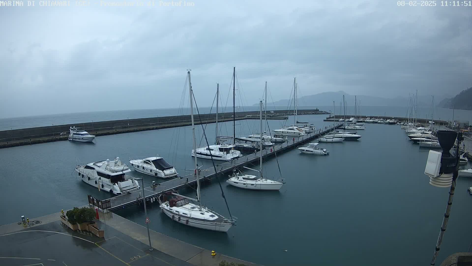 A marina filled with yachts and sailboats on a cloudy day.