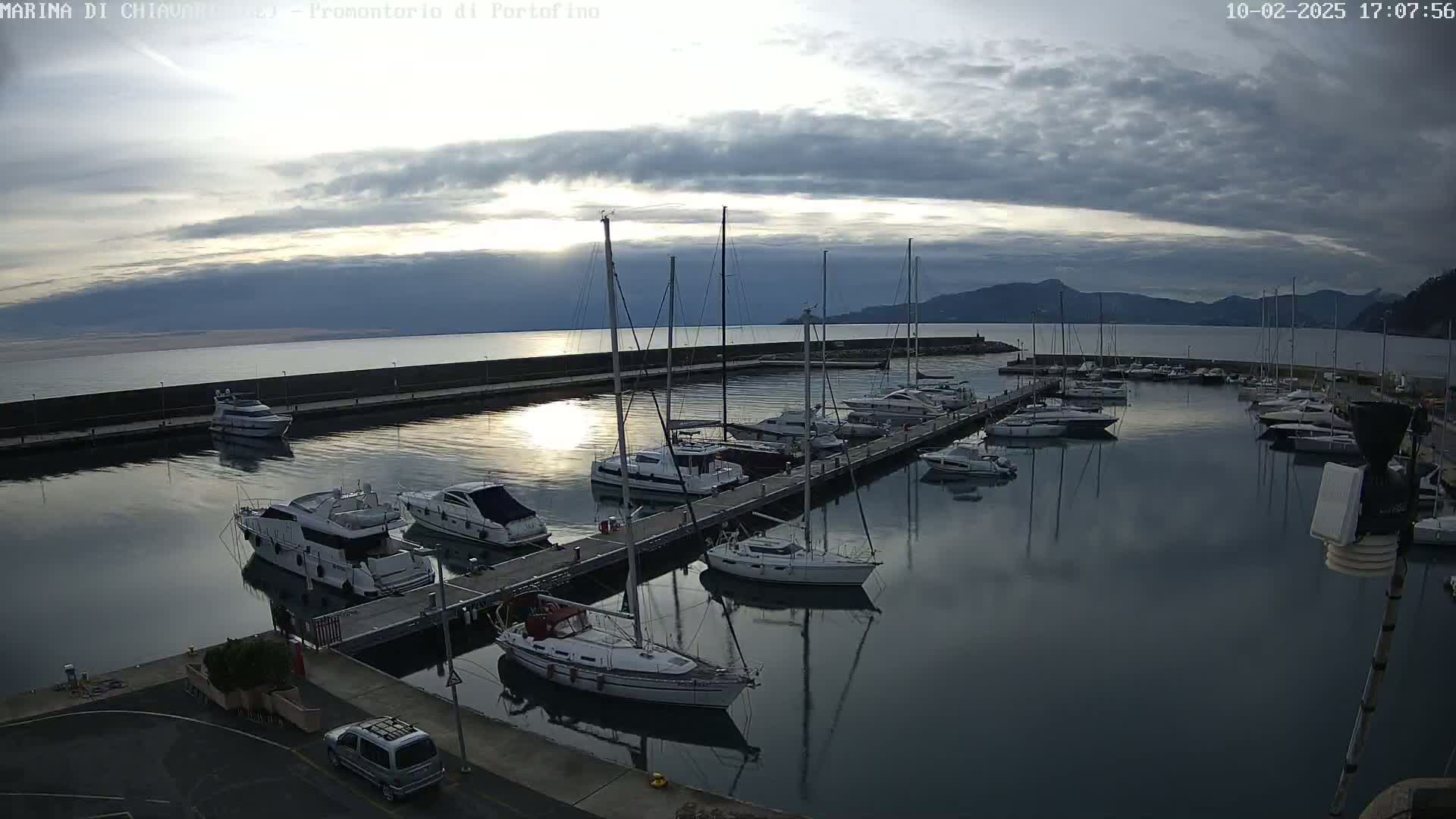 A marina filled with sailboats and motorboats is nestled in a calm bay under a cloudy sky.