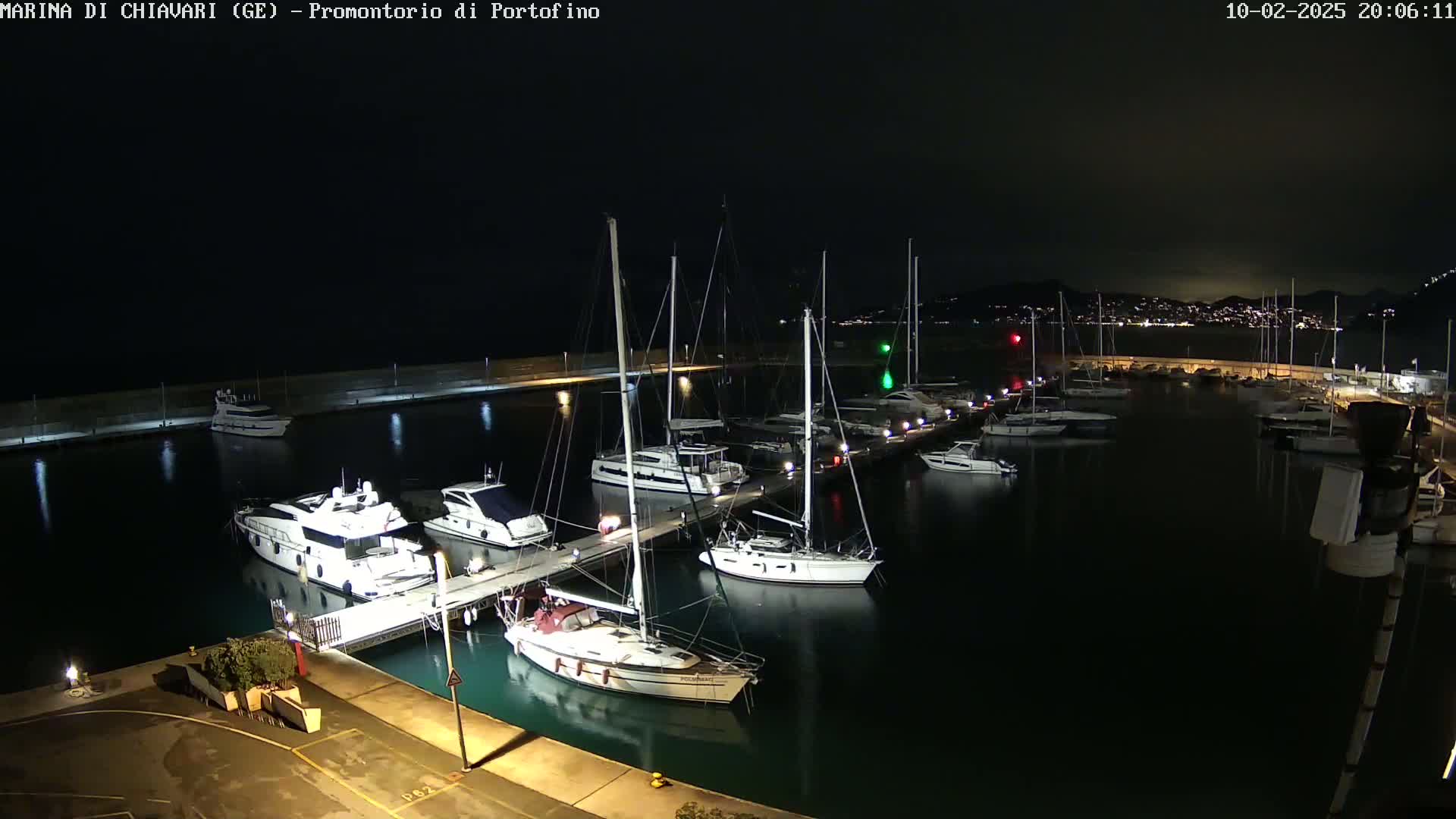 A nighttime view of a marina filled with sailboats and motorboats docked along a pier under a dark sky.
